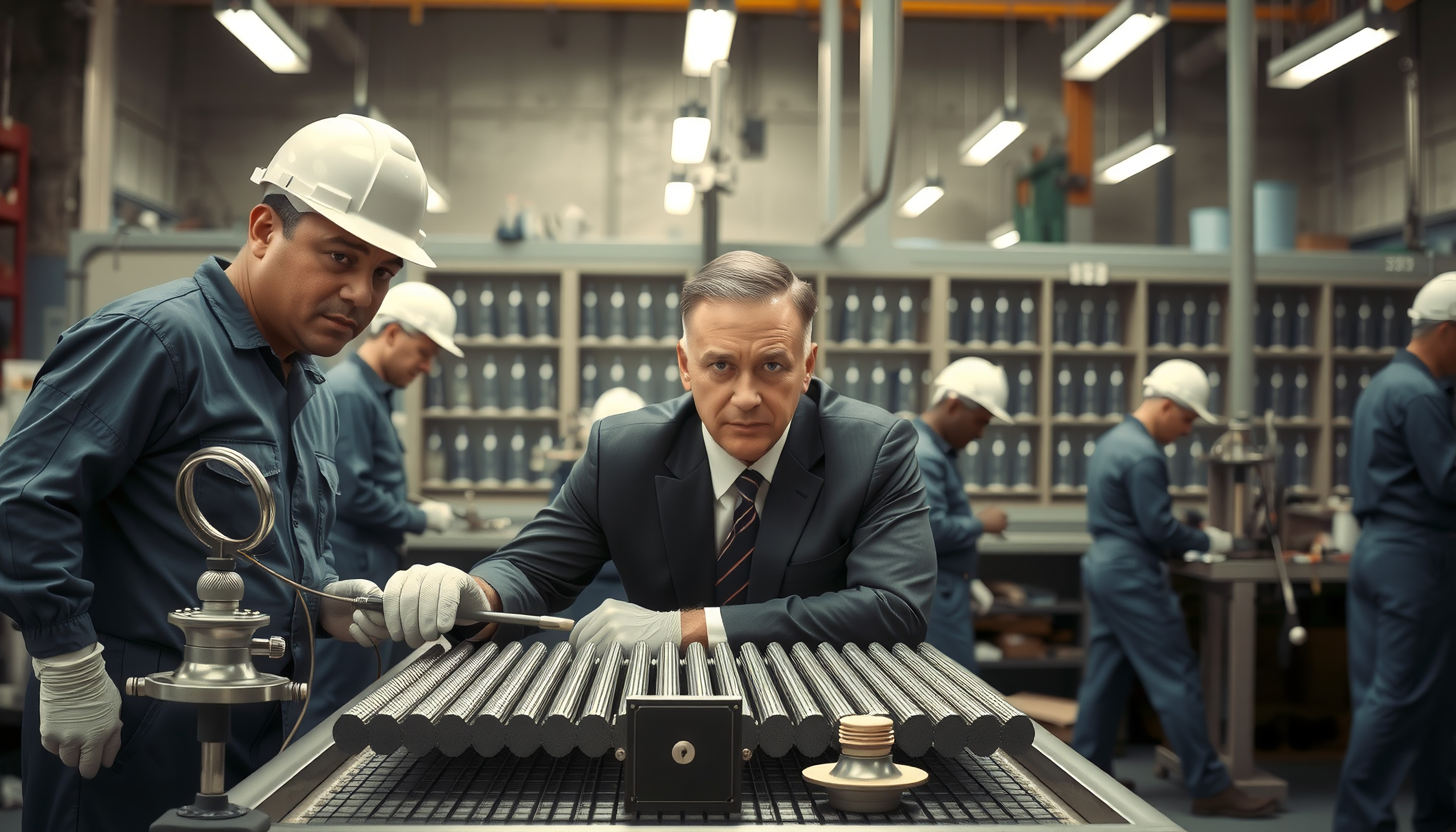 Businessmen in a Factory Setting Inspecting Product Samples