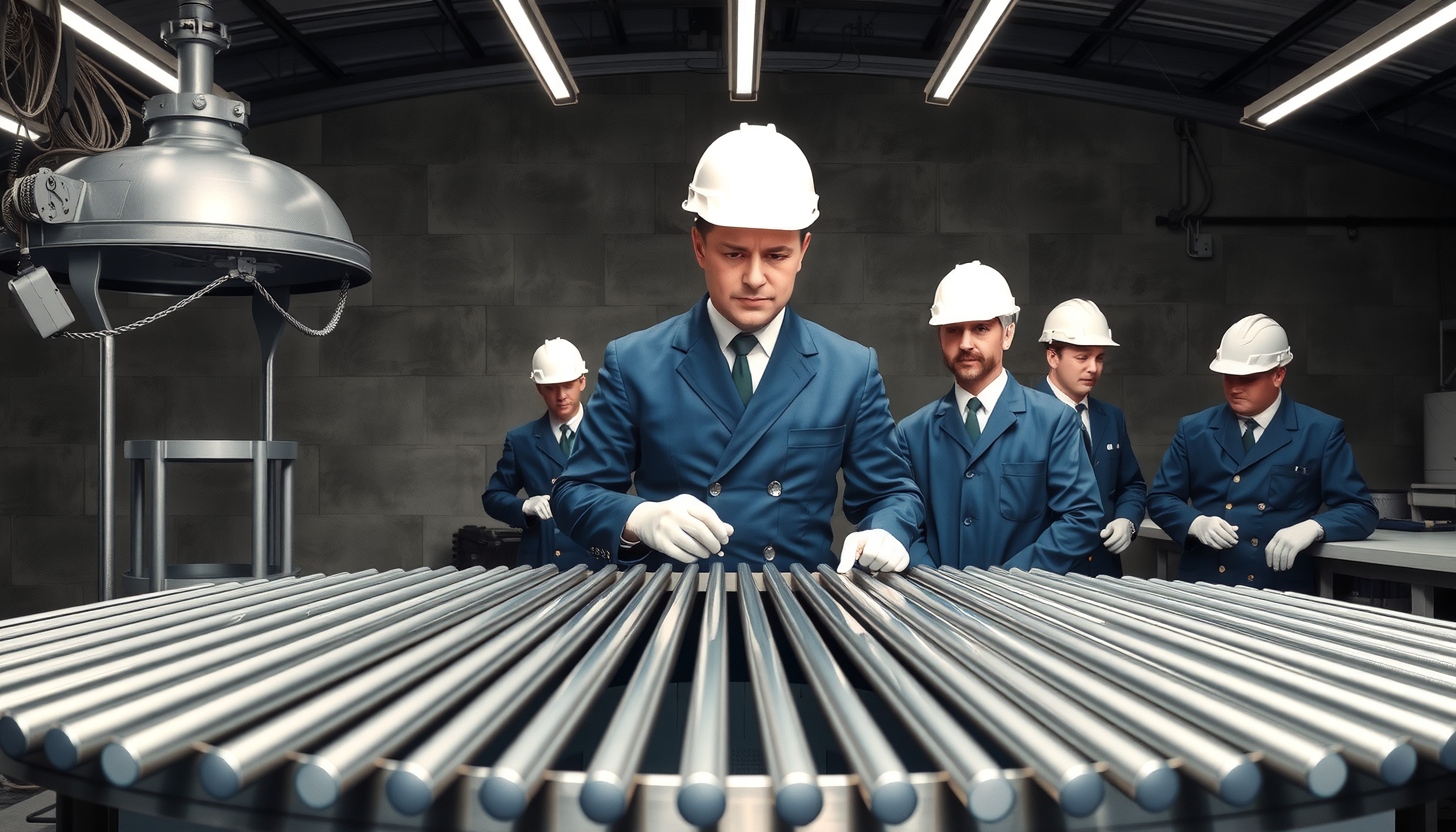 Industrial Engineering Team Inspecting Metal Rods in Manufacturi