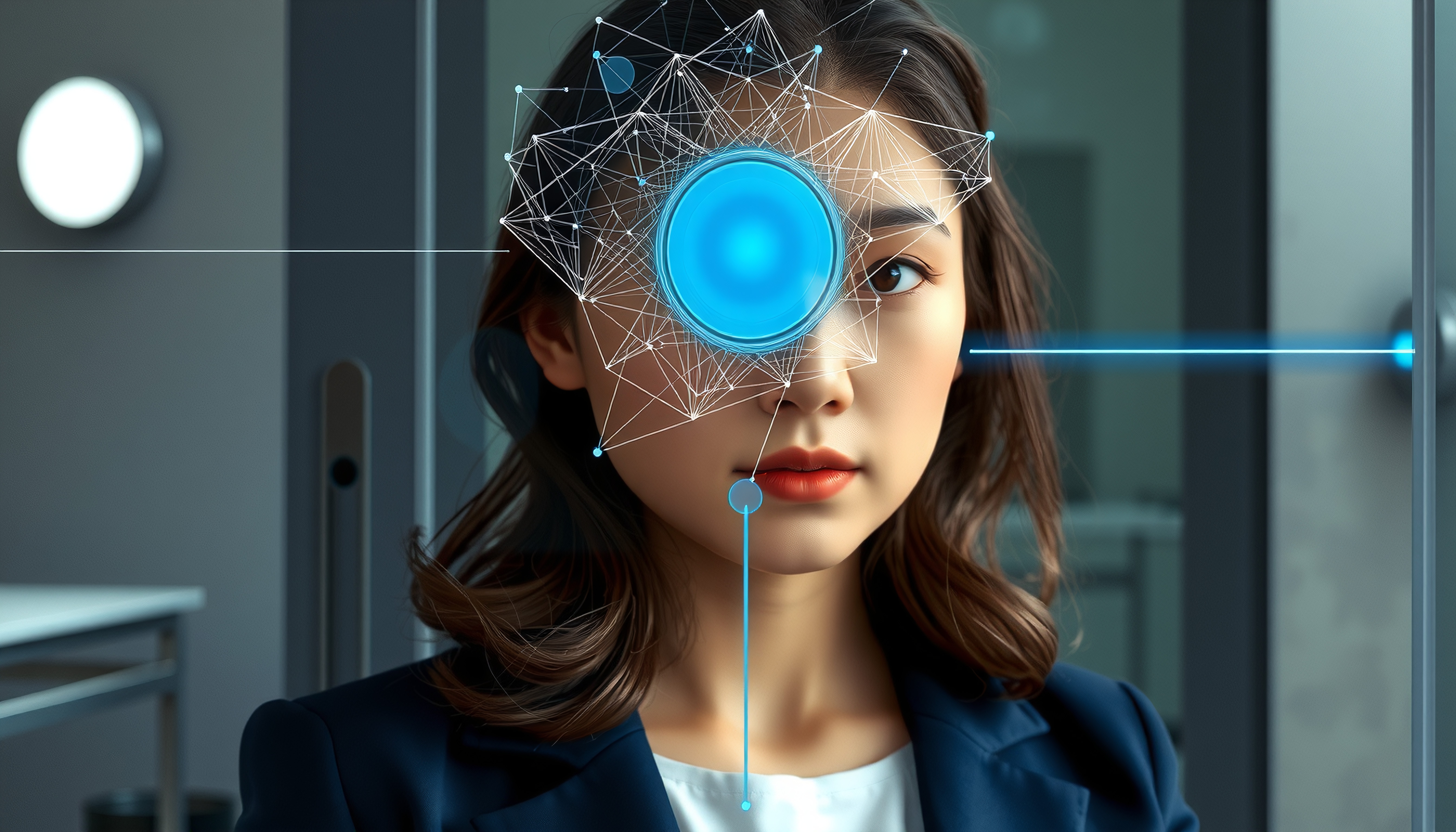 Young woman with digital interface eye scan.