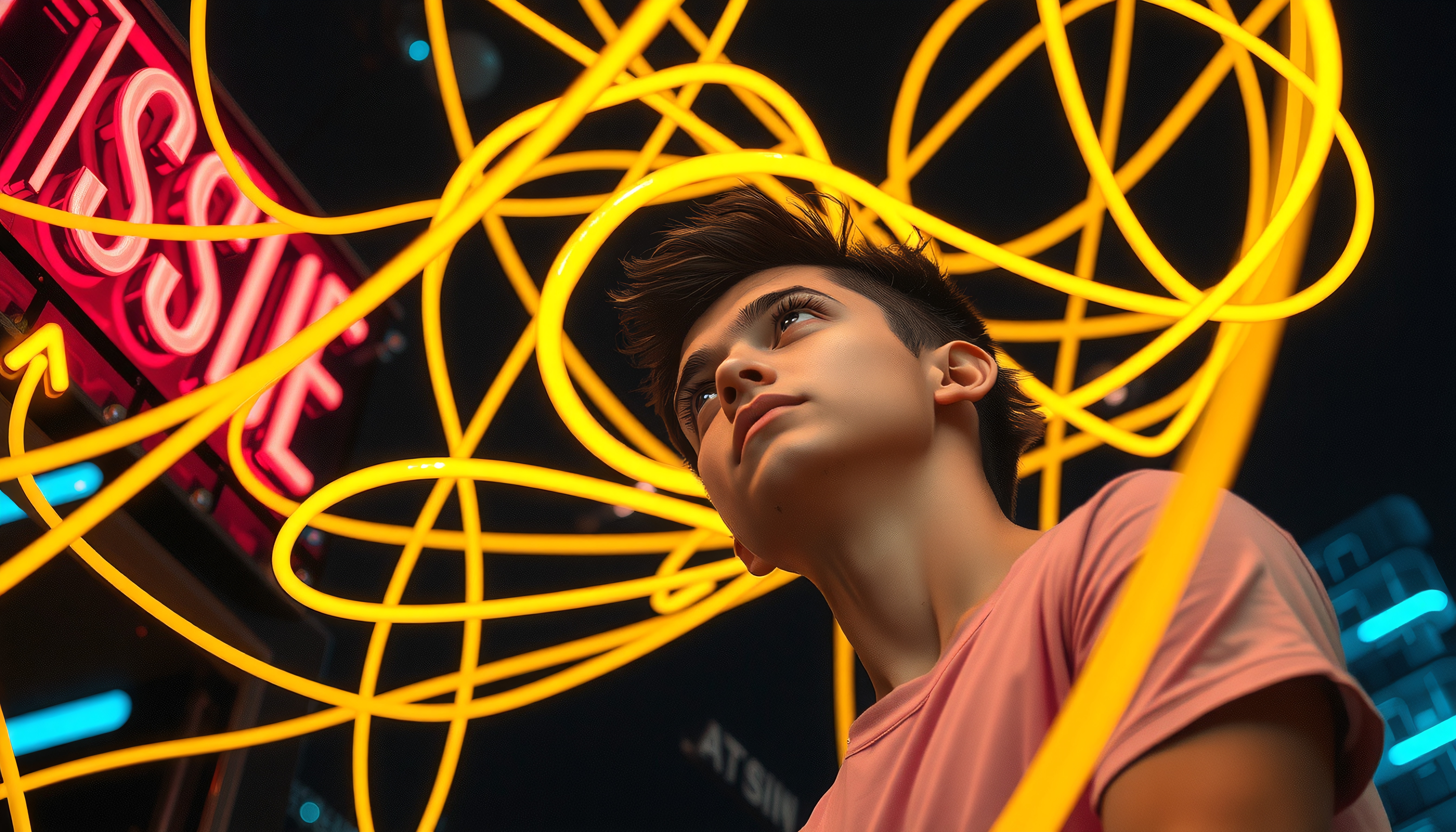 A young person surrounded by neon lights, gazing upwards in a vibrant urban night scene.