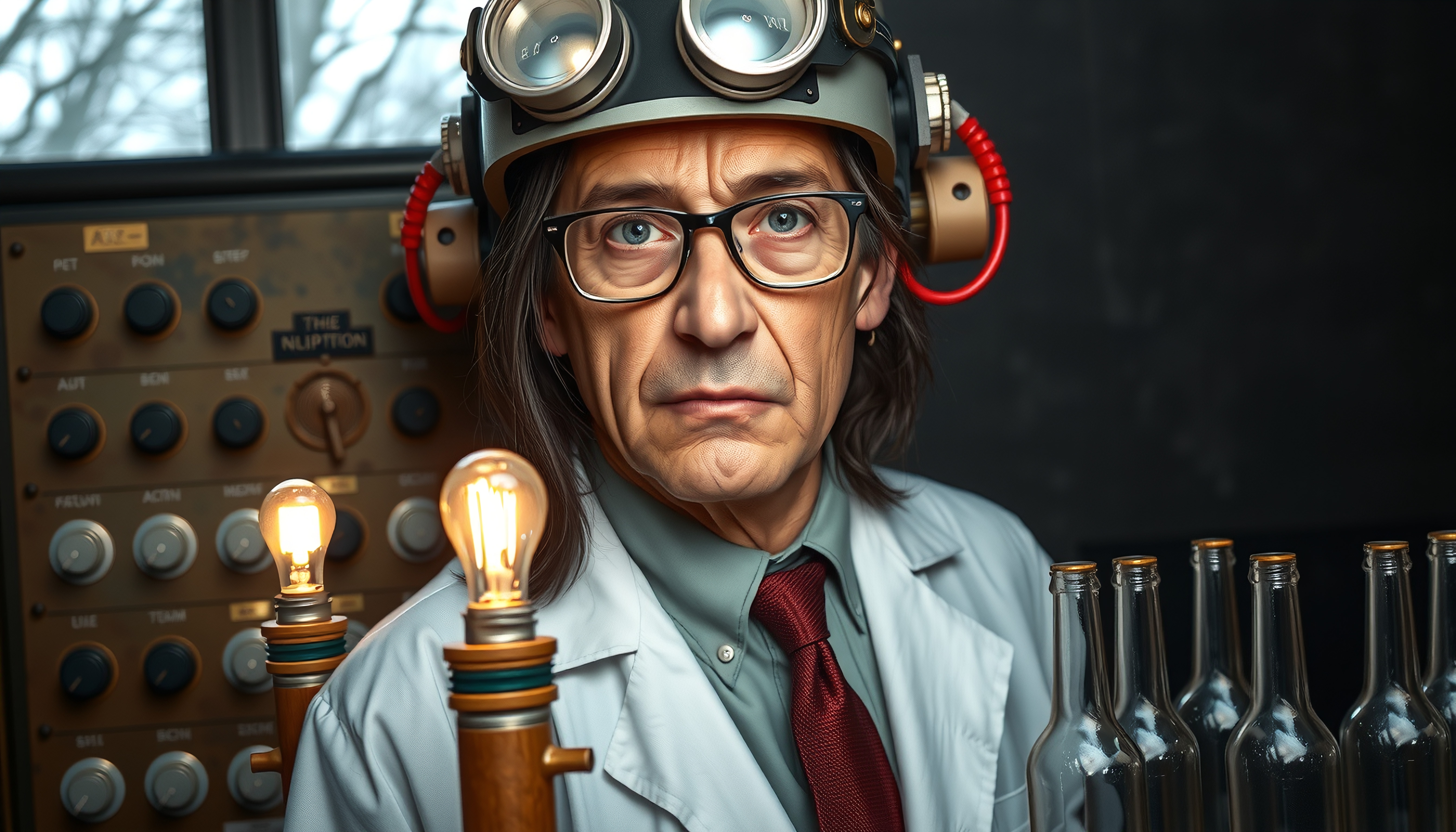 Portrait of an eccentric scientist wearing a gadget-filled helmet in a laboratory.
