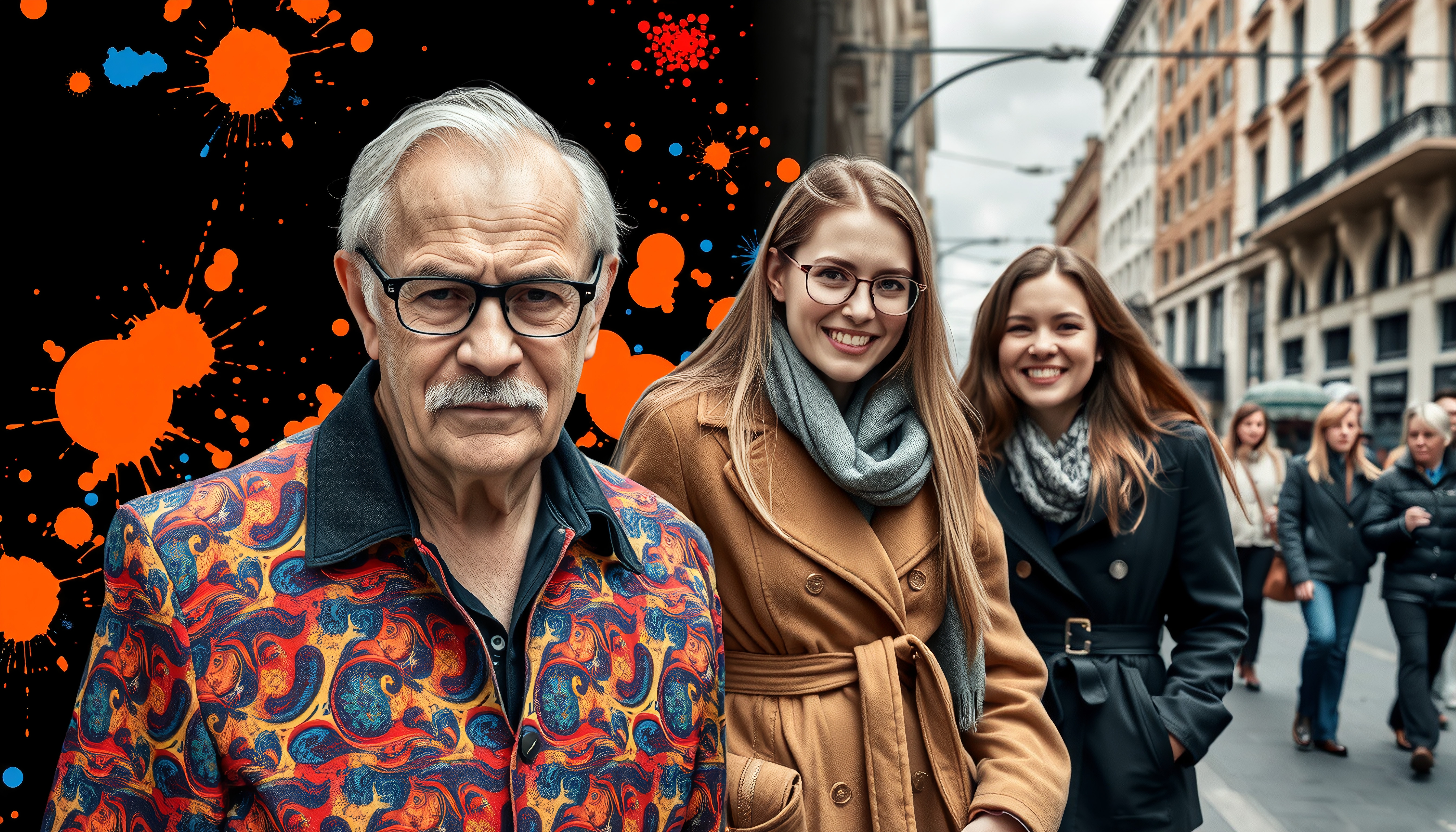 Stylish individuals walking on a city street with vibrant background.
