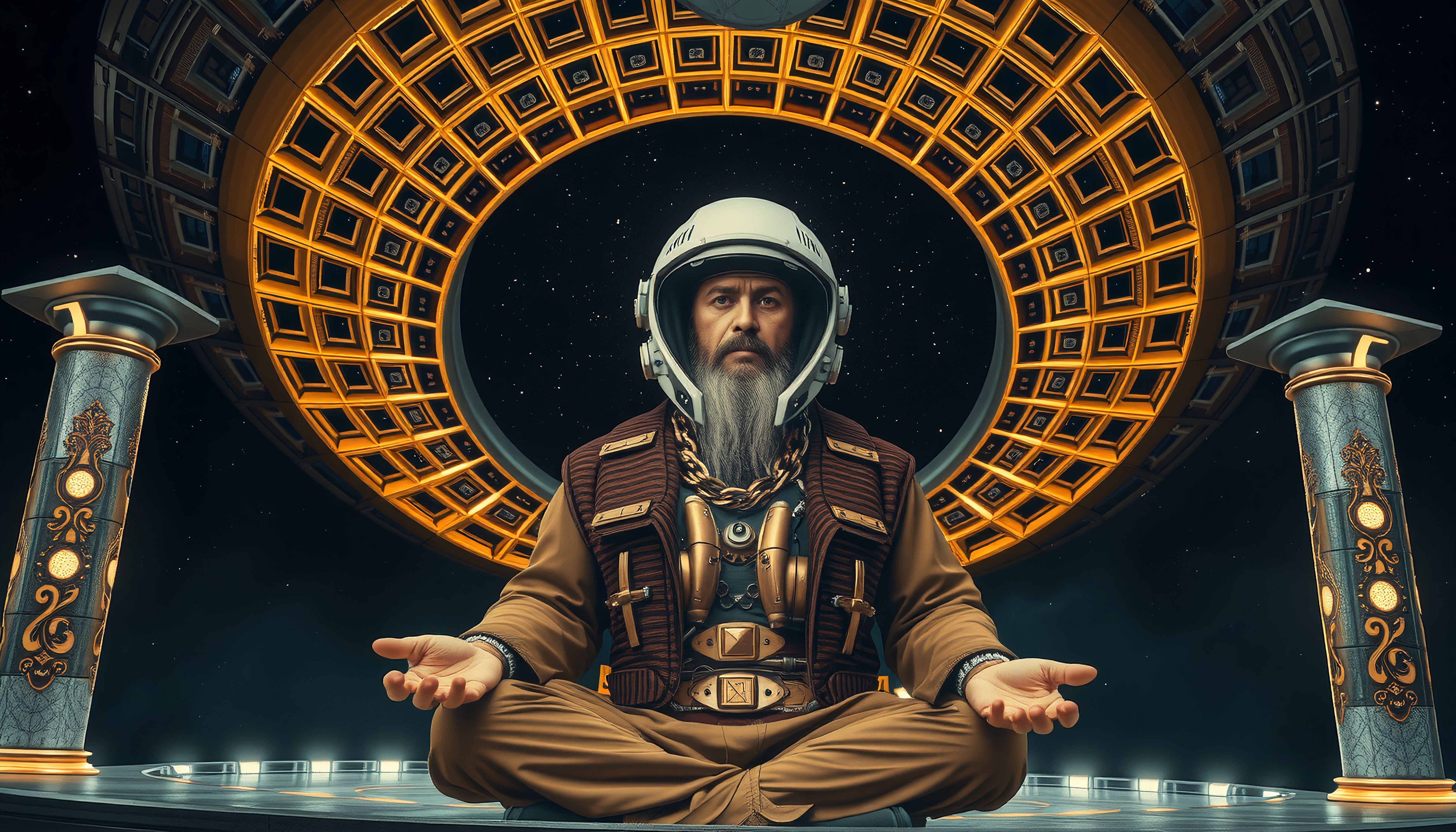 A futuristic figure meditates in space, adorned with a helmet against a cosmic backdrop.