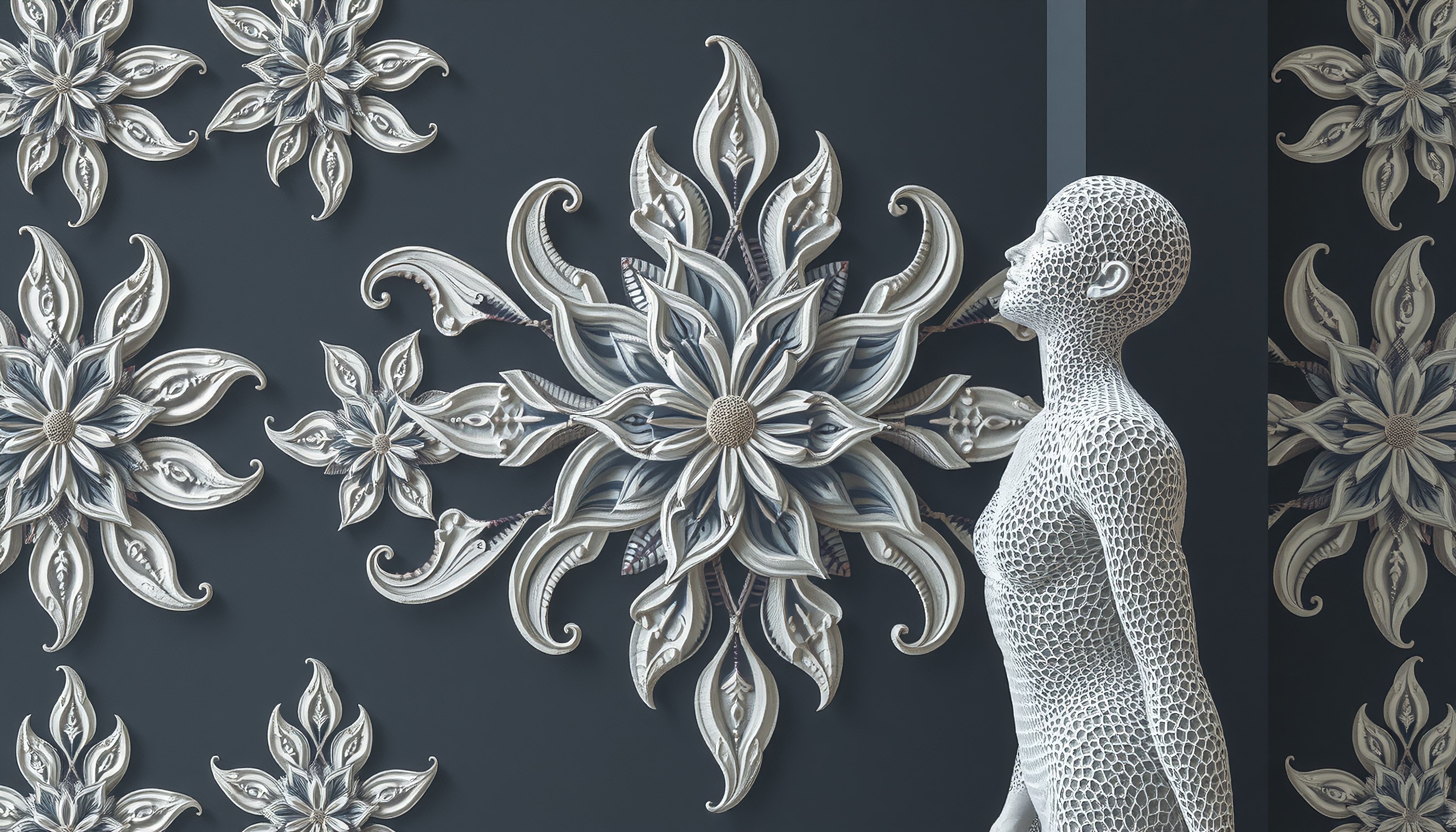 A human figure with a lattice-like surface stands amidst ornate floral patterns.
