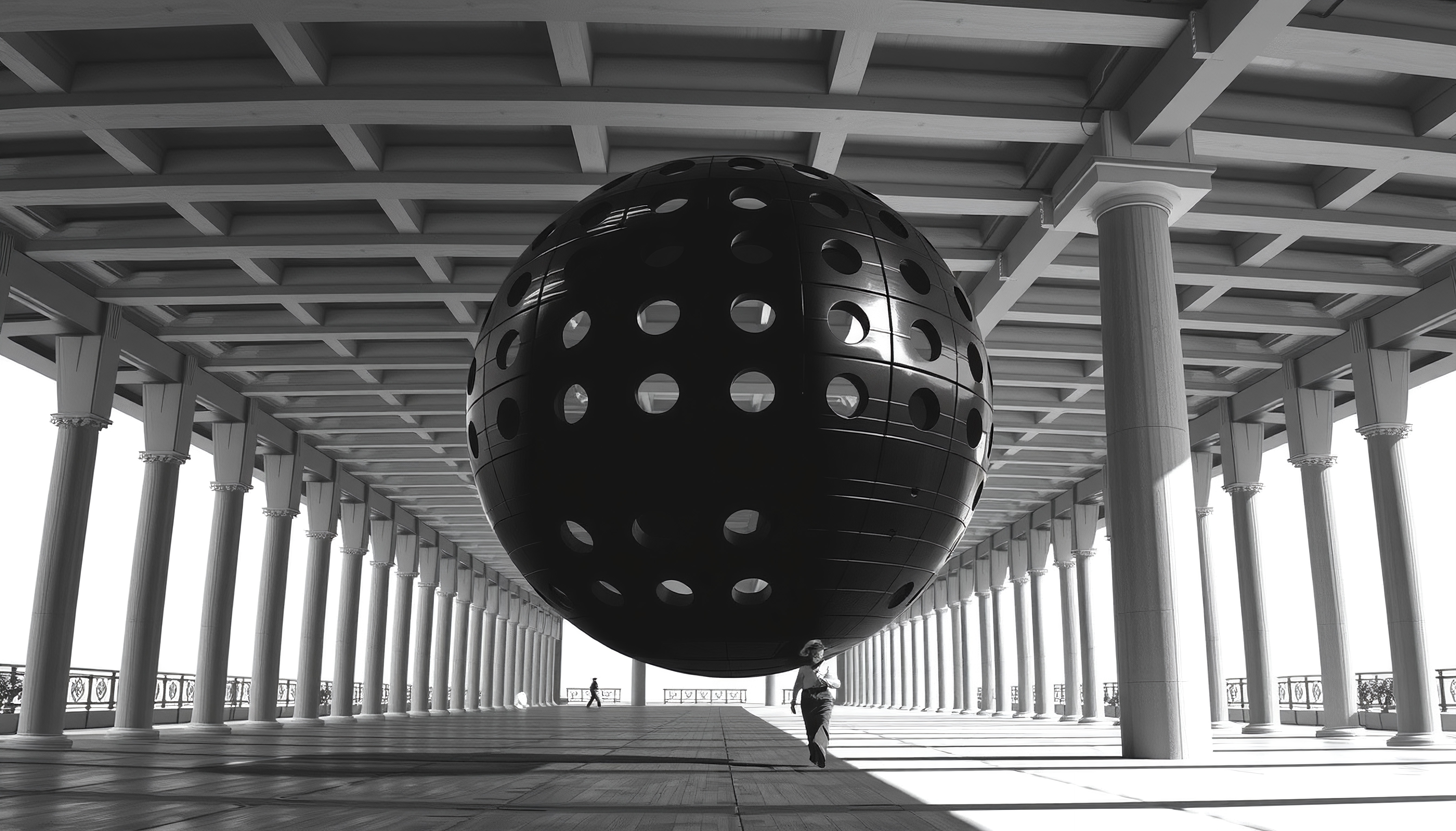 A large black sphere with circular holes is suspended in a classical colonnade, blending modern art with traditional architecture.
