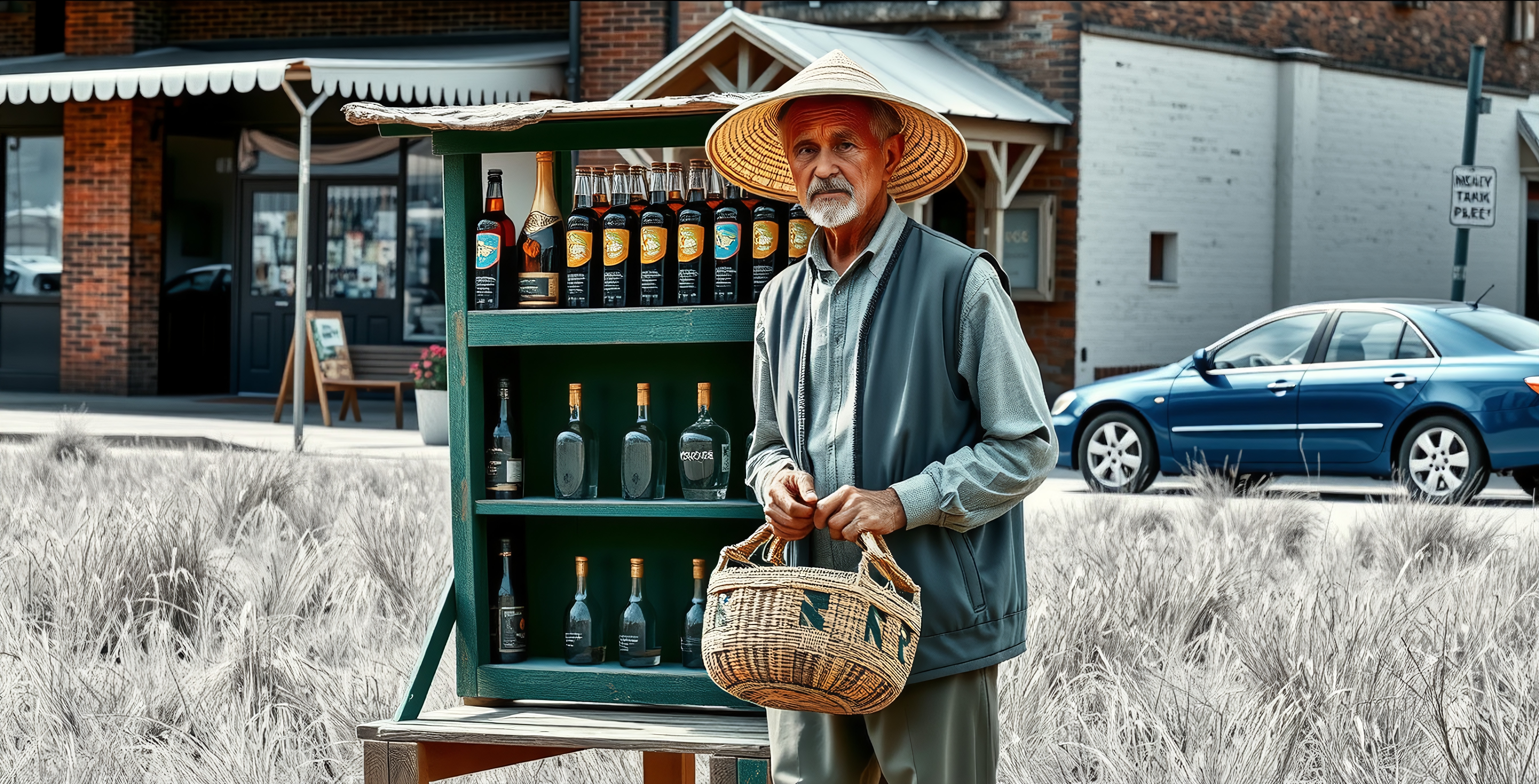 Elderly man with wine cart in town.