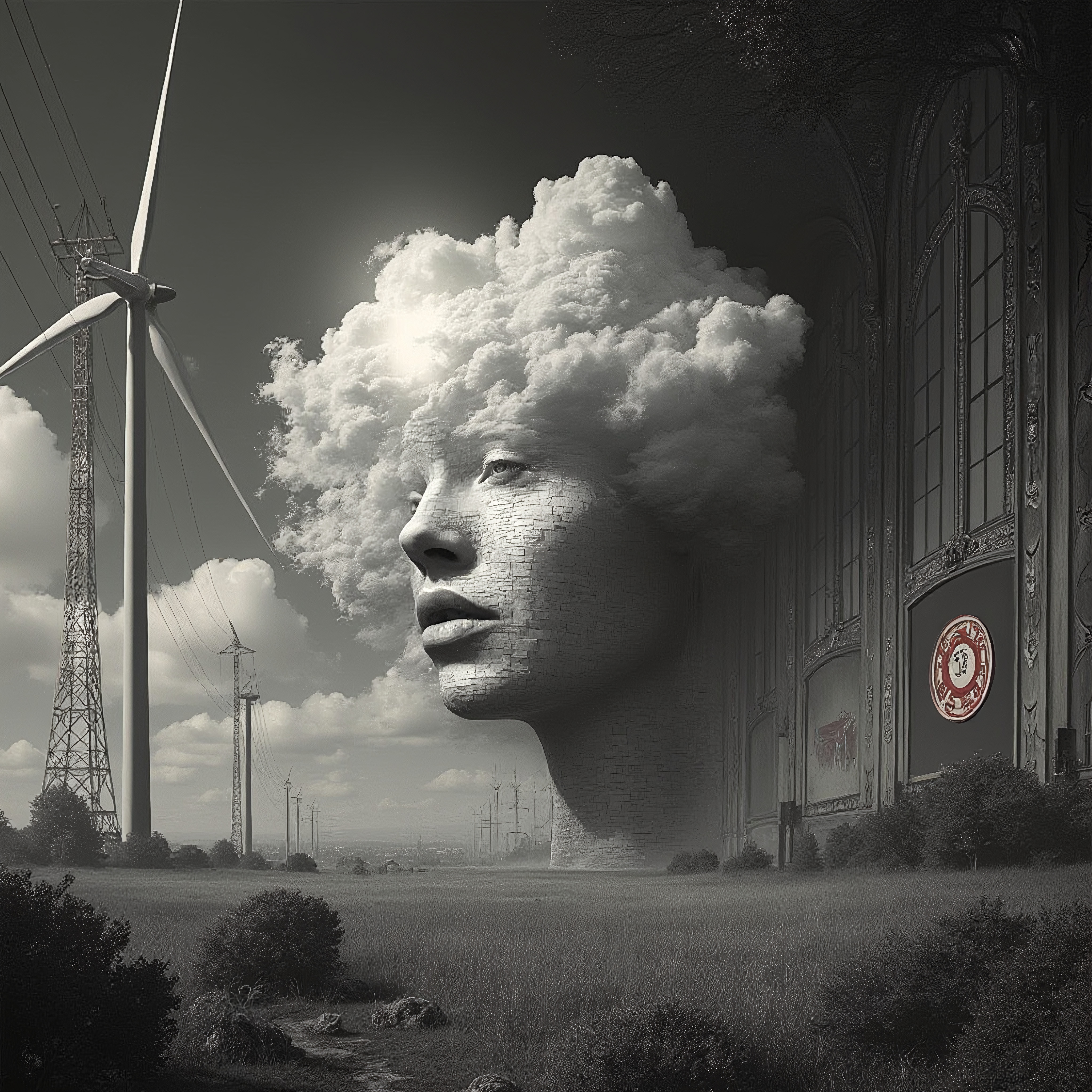 A surreal landscape features a stone face seamlessly merging with clouds, surrounded by wind turbines.