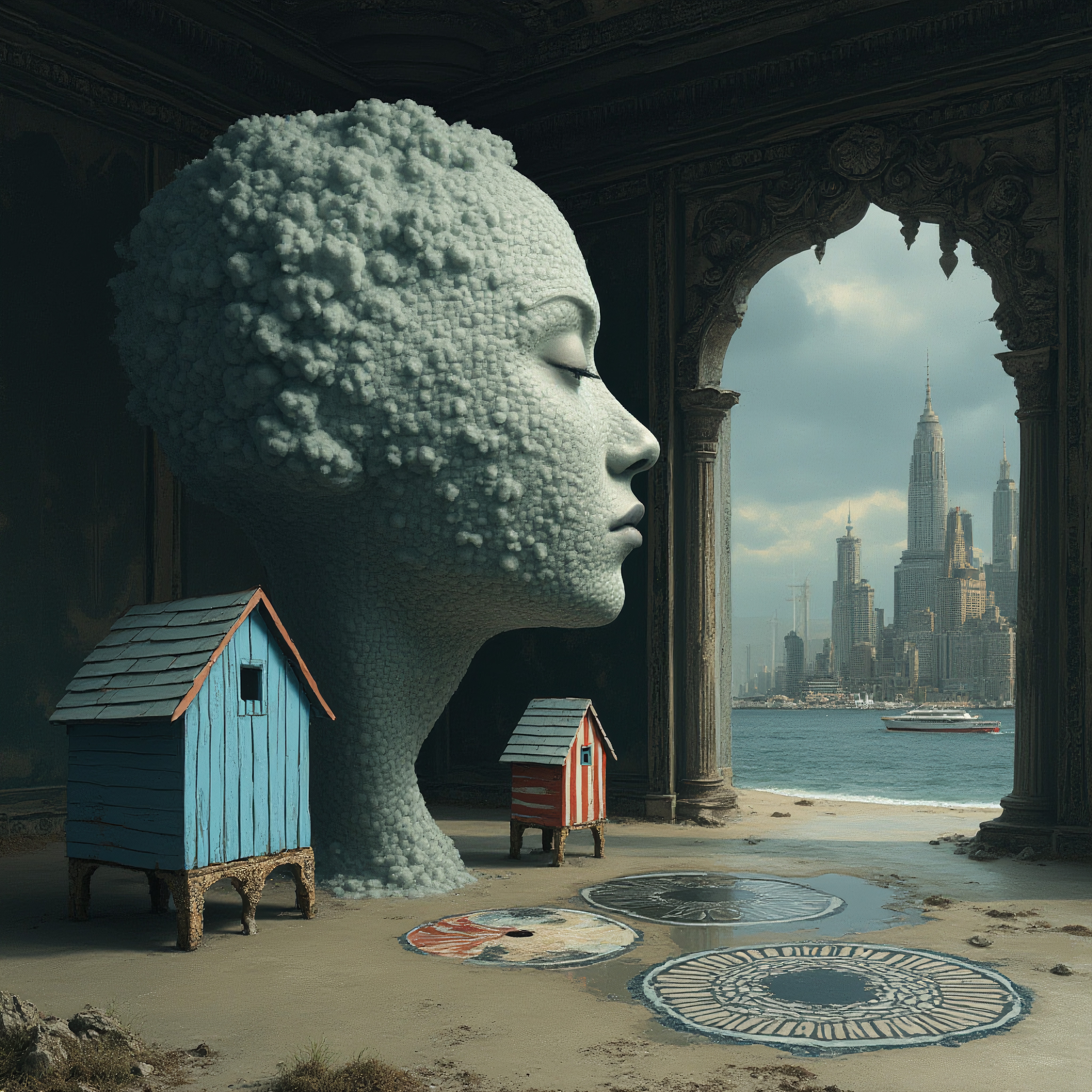 A surreal composition featuring a textured head sculpture, whimsical houses, and a distant cityscape in an ornate room.