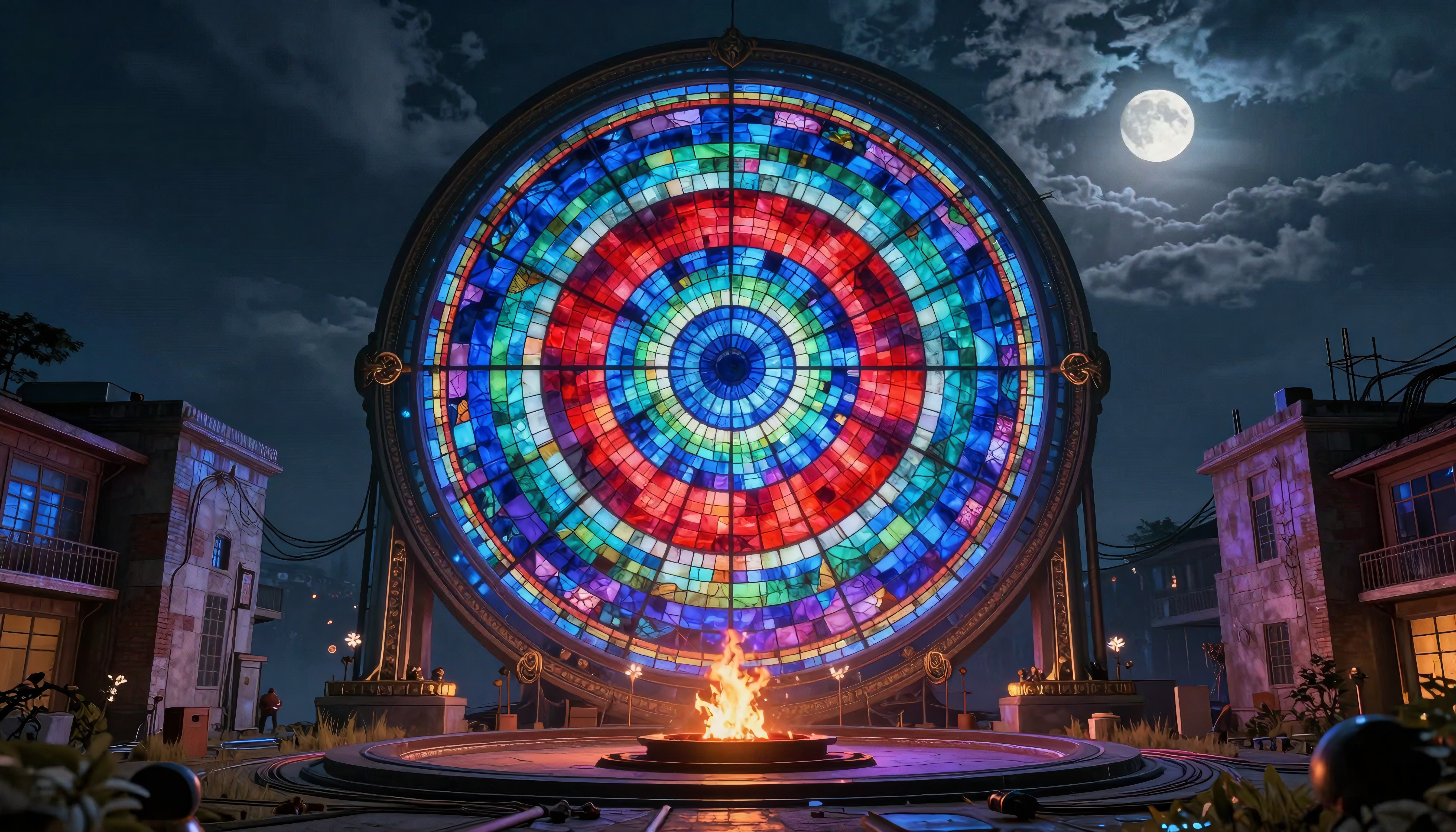 Vibrant stained-glass window with fire pit.
