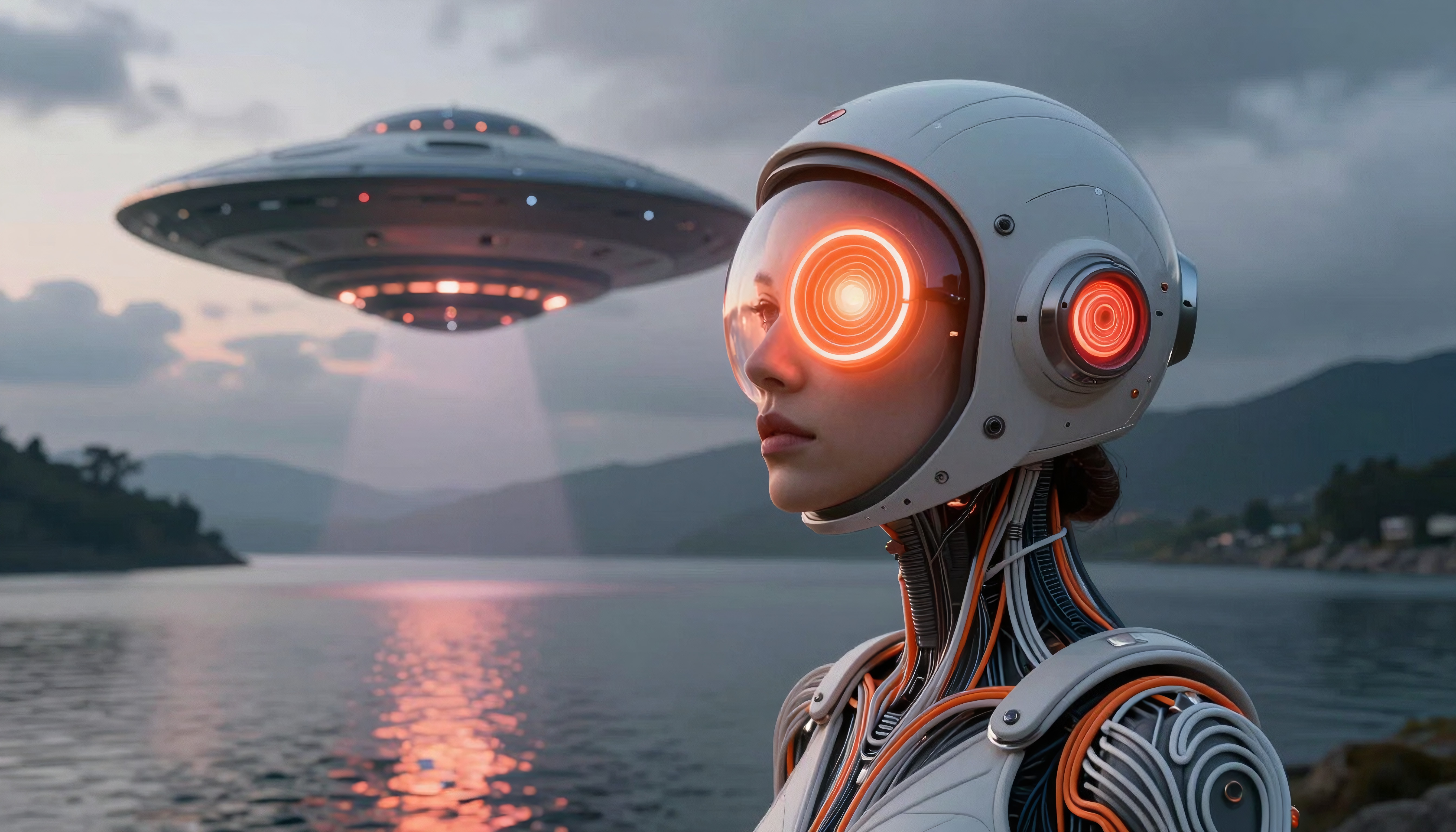 Cybernetic Robot Observing UFO Over Lake at Twilight