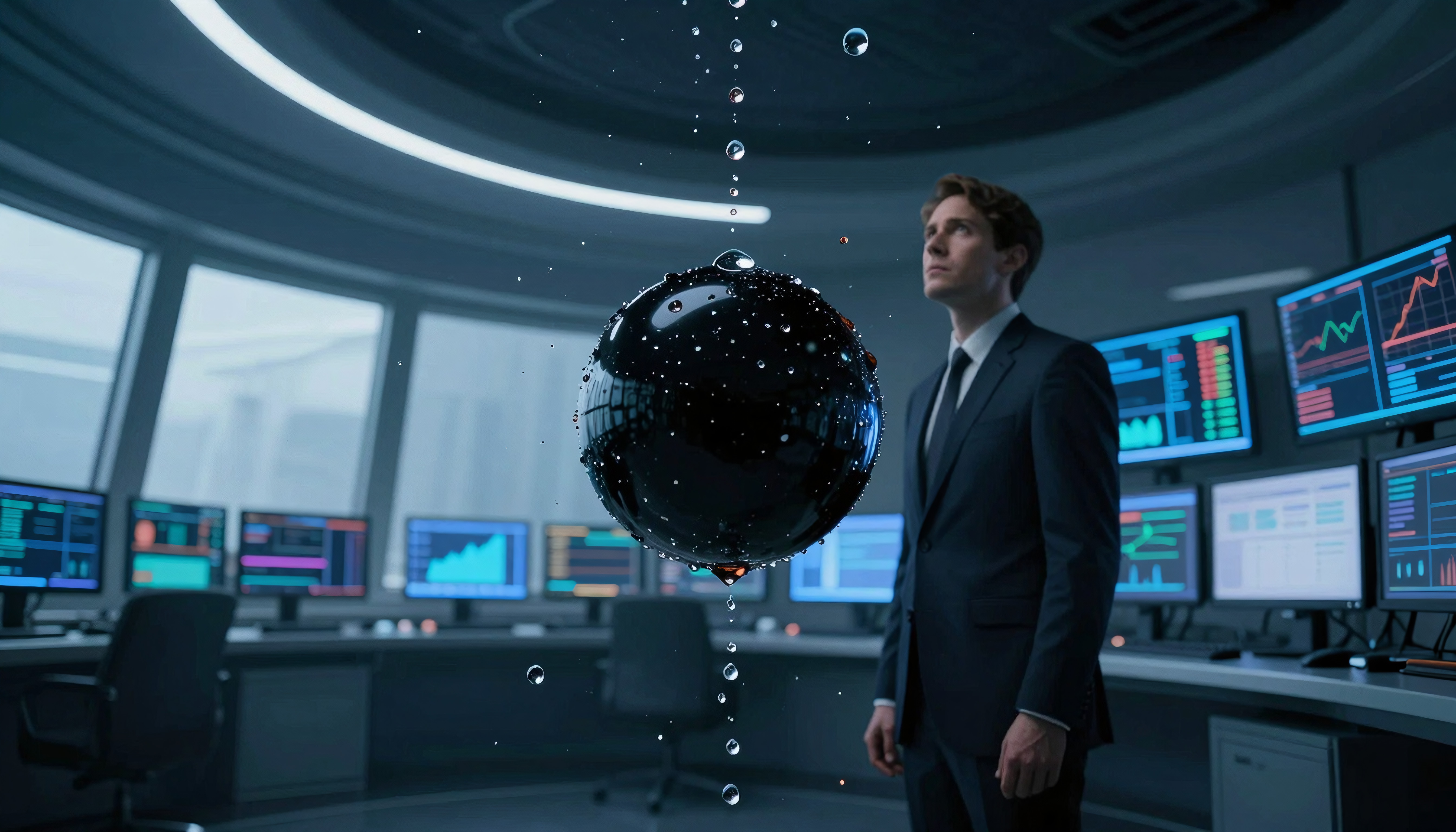 Corporate Executive Observes Floating Digital Globe in High-Tech
