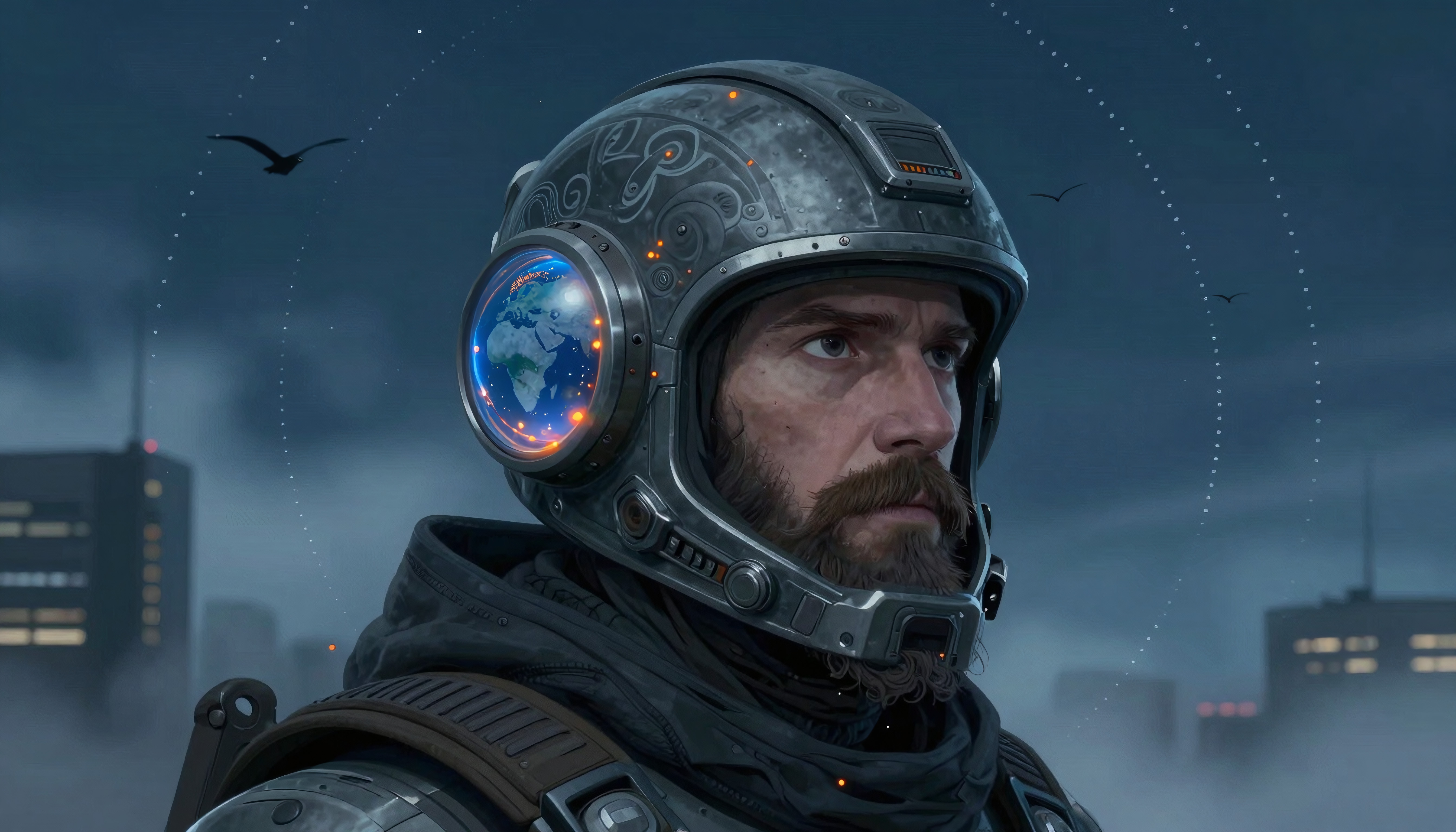 Futuristic figure wearing detailed helmet with Earth globe in urban misty scene.