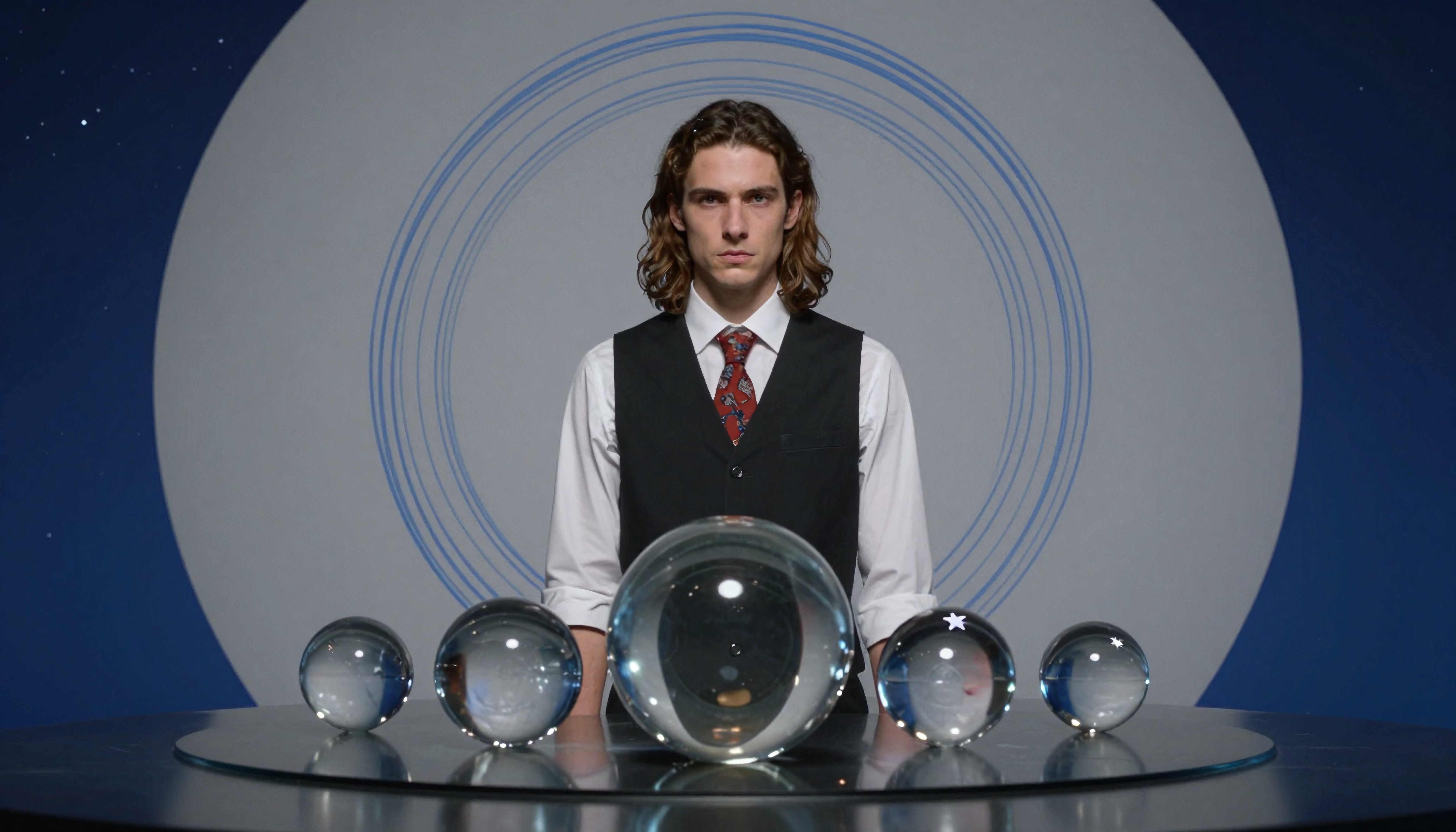 A man in formal attire stands before a table with crystal orbs, creating a mystical and intriguing scene against a blue patterned background.