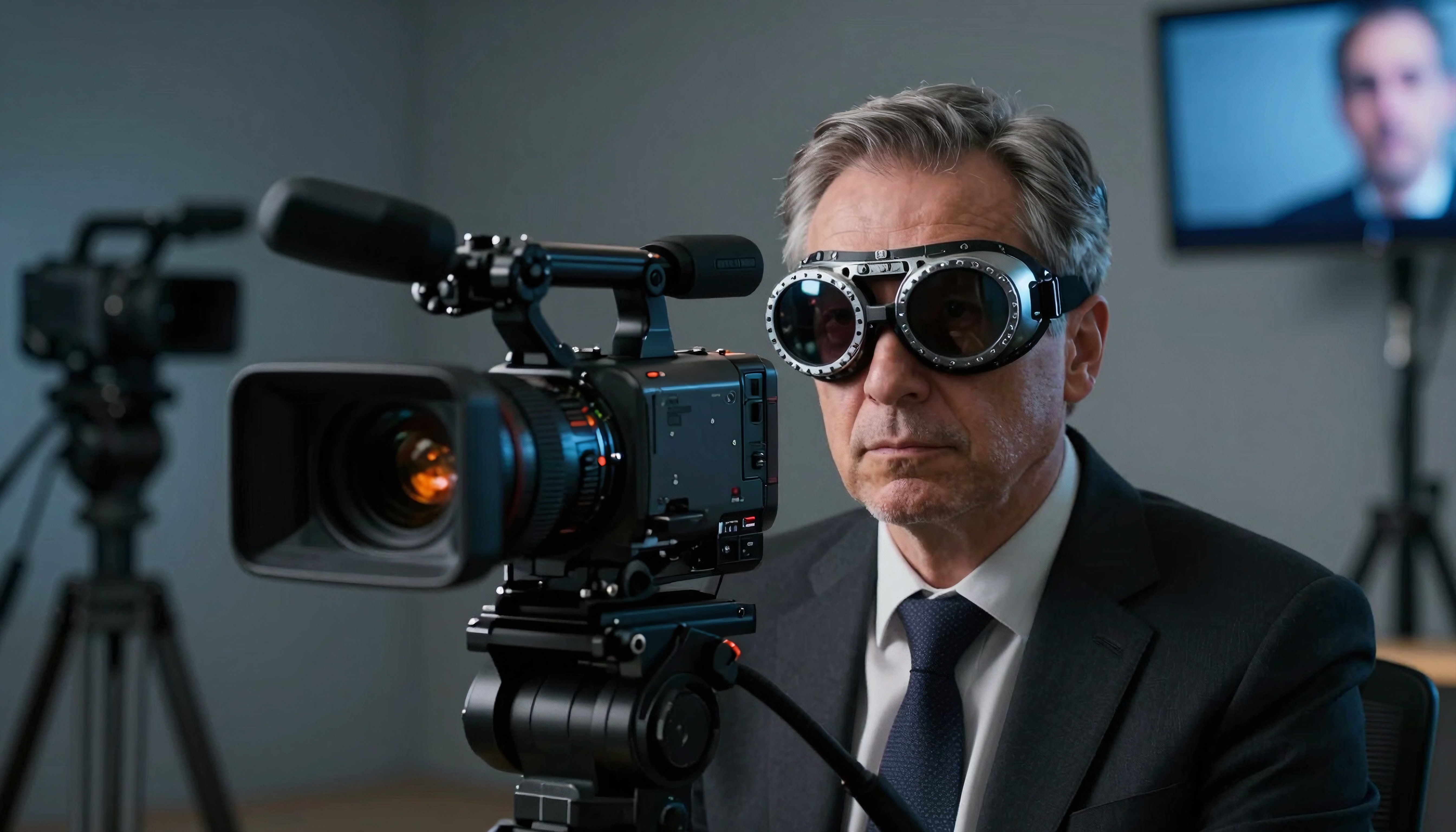 An older man with futuristic goggles operates a professional video camera in a studio setting.