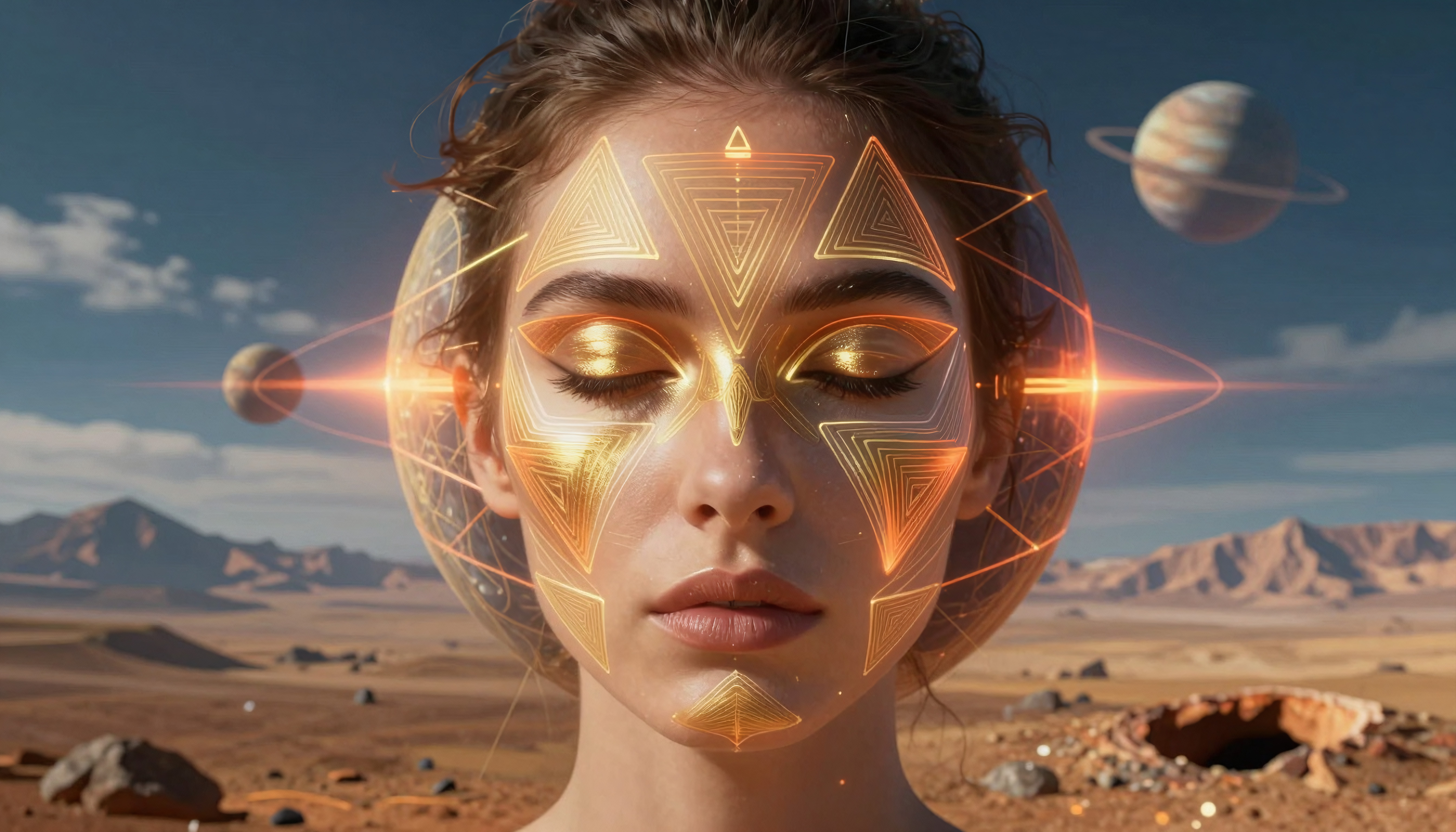 Geometric Light Patterns on Face Over Desert with Planets