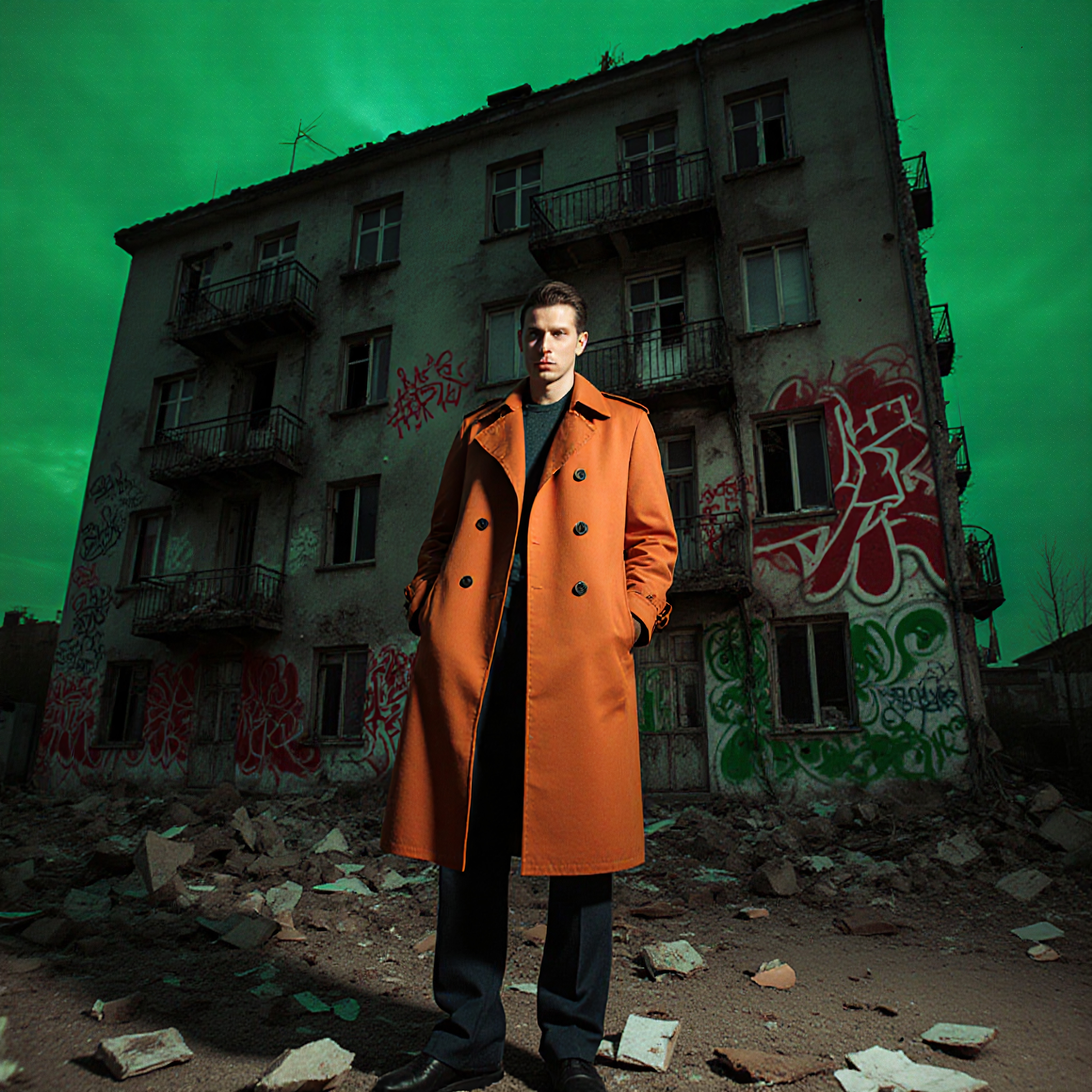 Man in orange coat stands confidently against a graffiti-covered building under a green sky.
