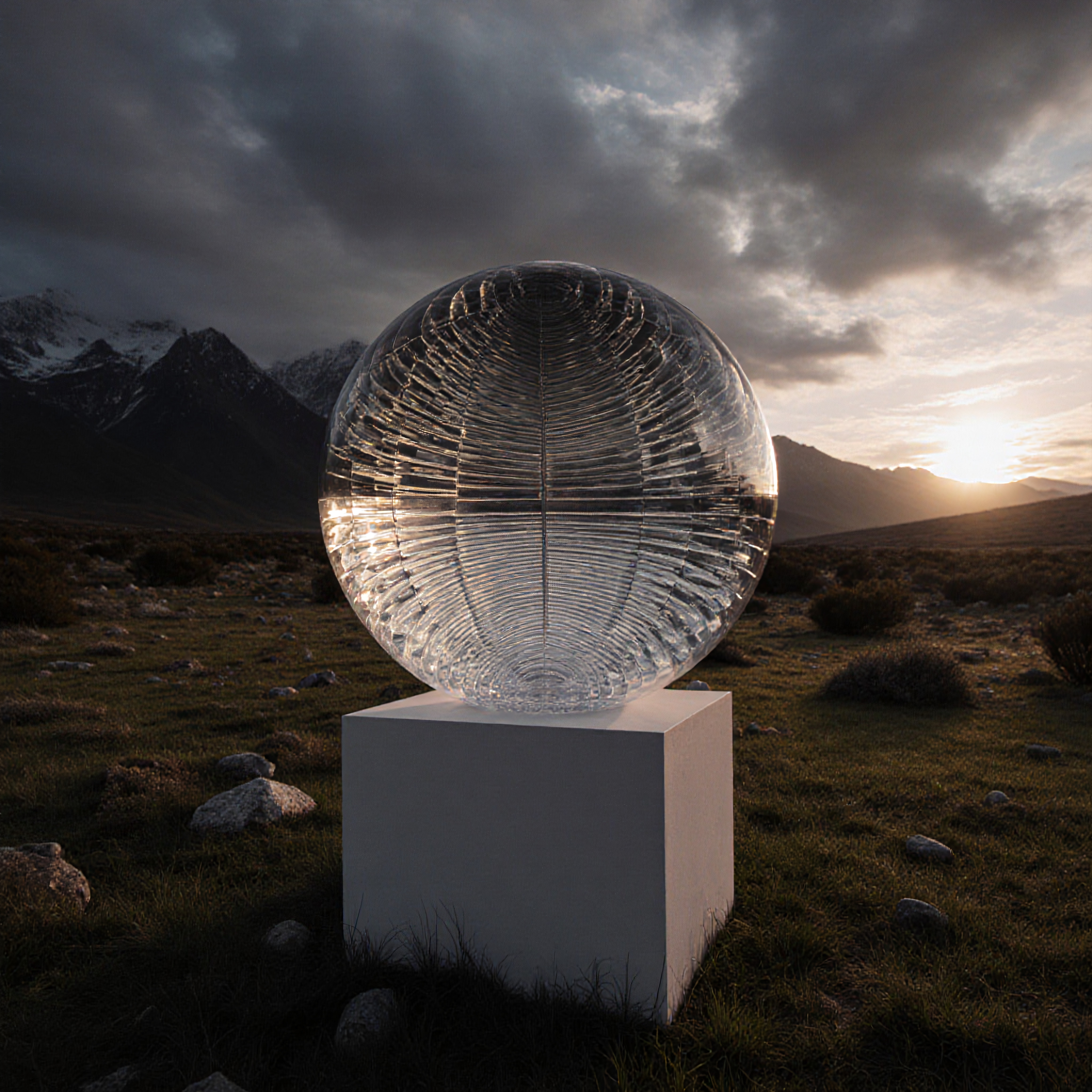 A large glass sphere sculpture on a pedestal amidst a mountainous landscape at sunset.
