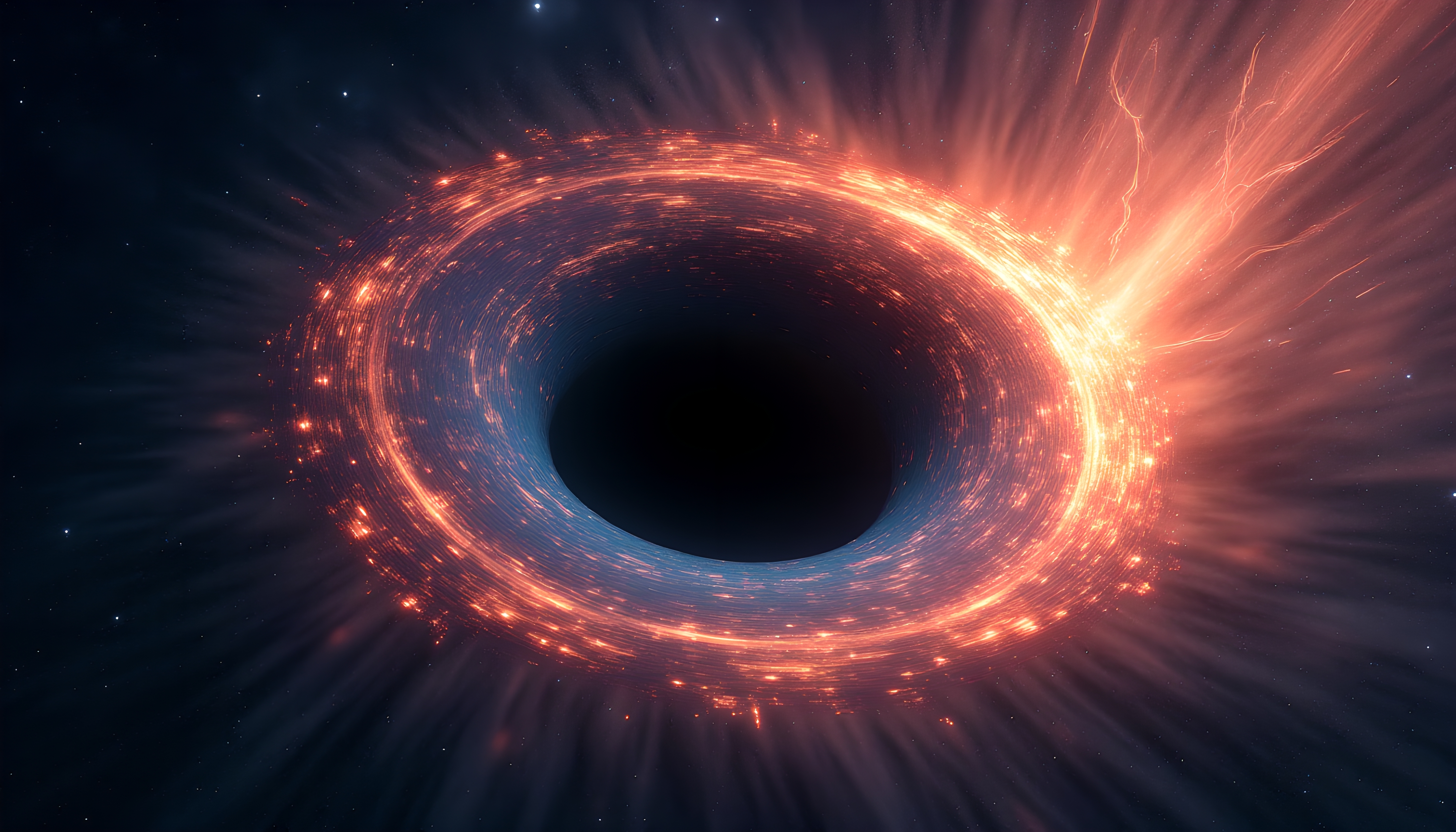 A black hole with a glowing orange-red accretion disk emits intense energy in space.