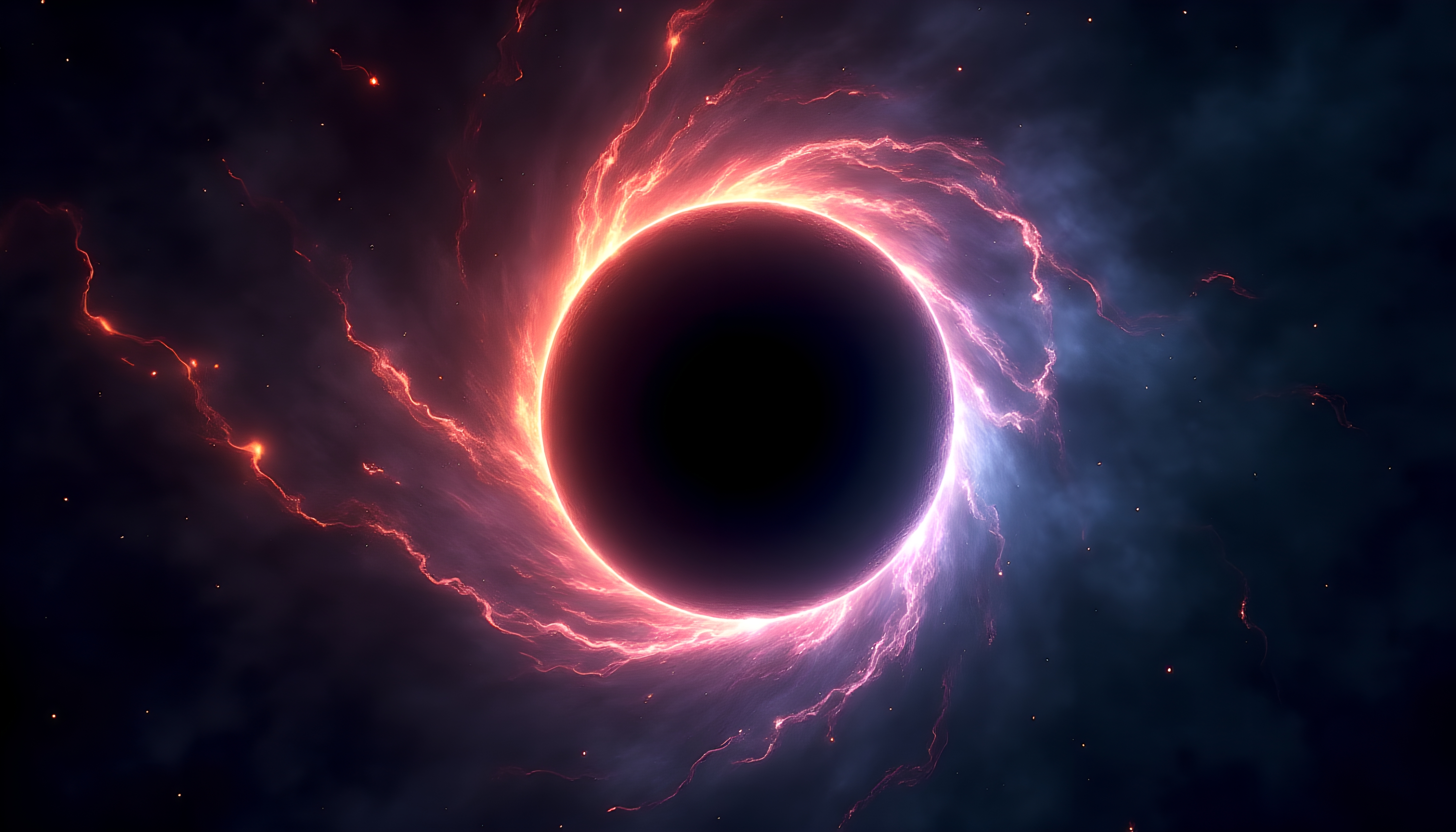 A glowing cosmic black hole surrounded by vibrant plasma in deep space.