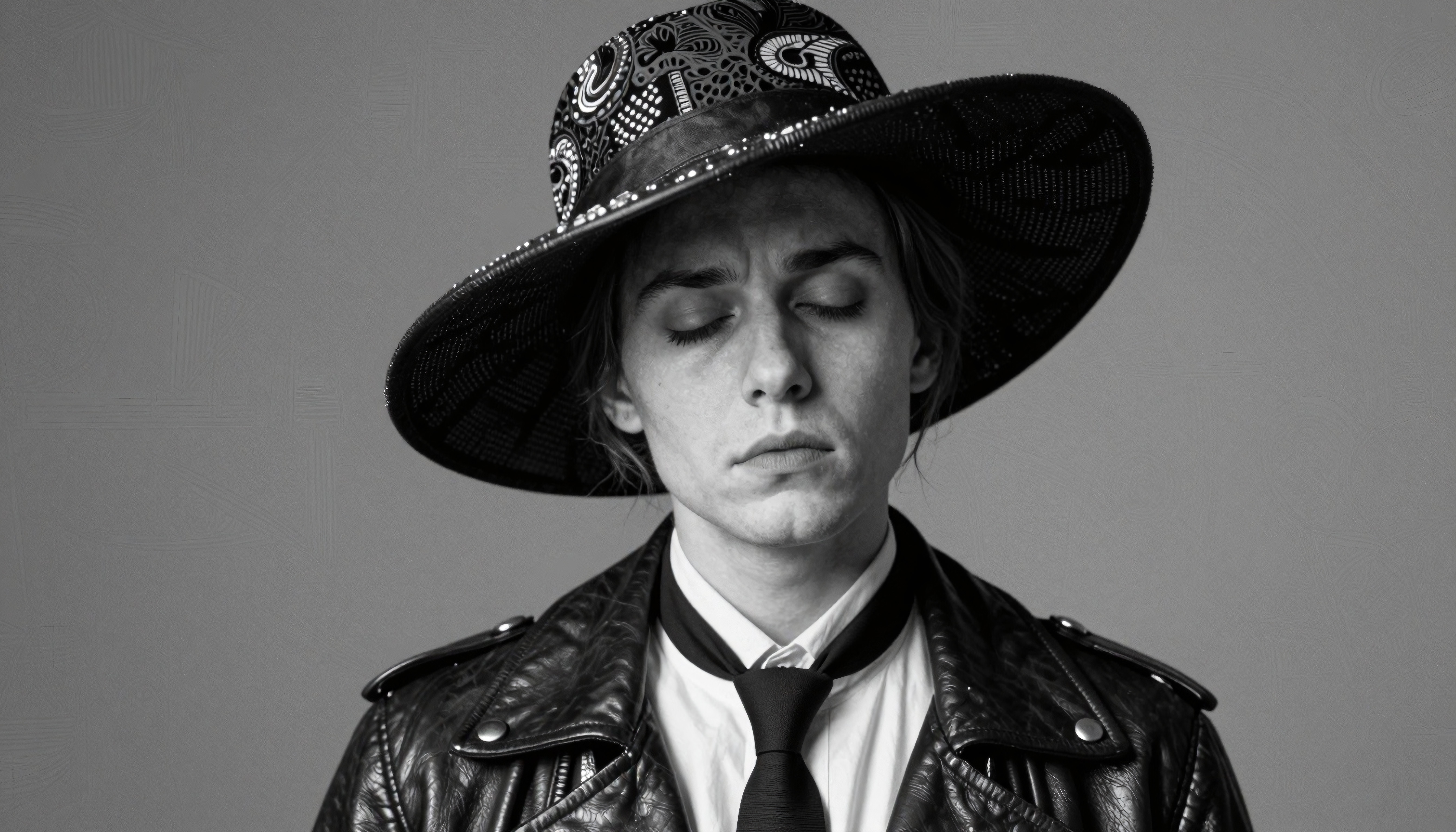 A person in a leather jacket and patterned hat poses with closed eyes, conveying a sense of calm in a black and white portrait.