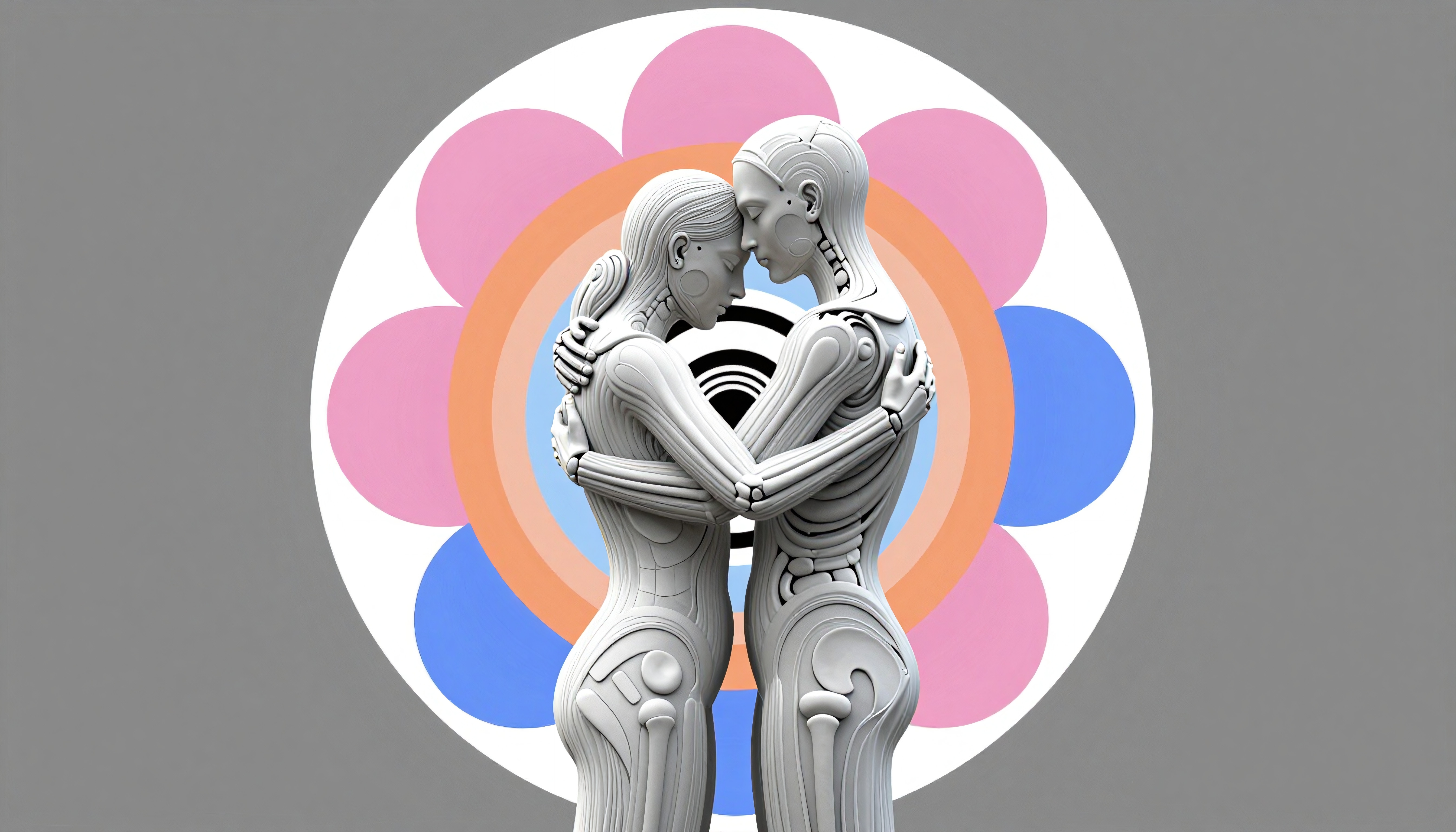 Two robots embrace with colorful floral background.