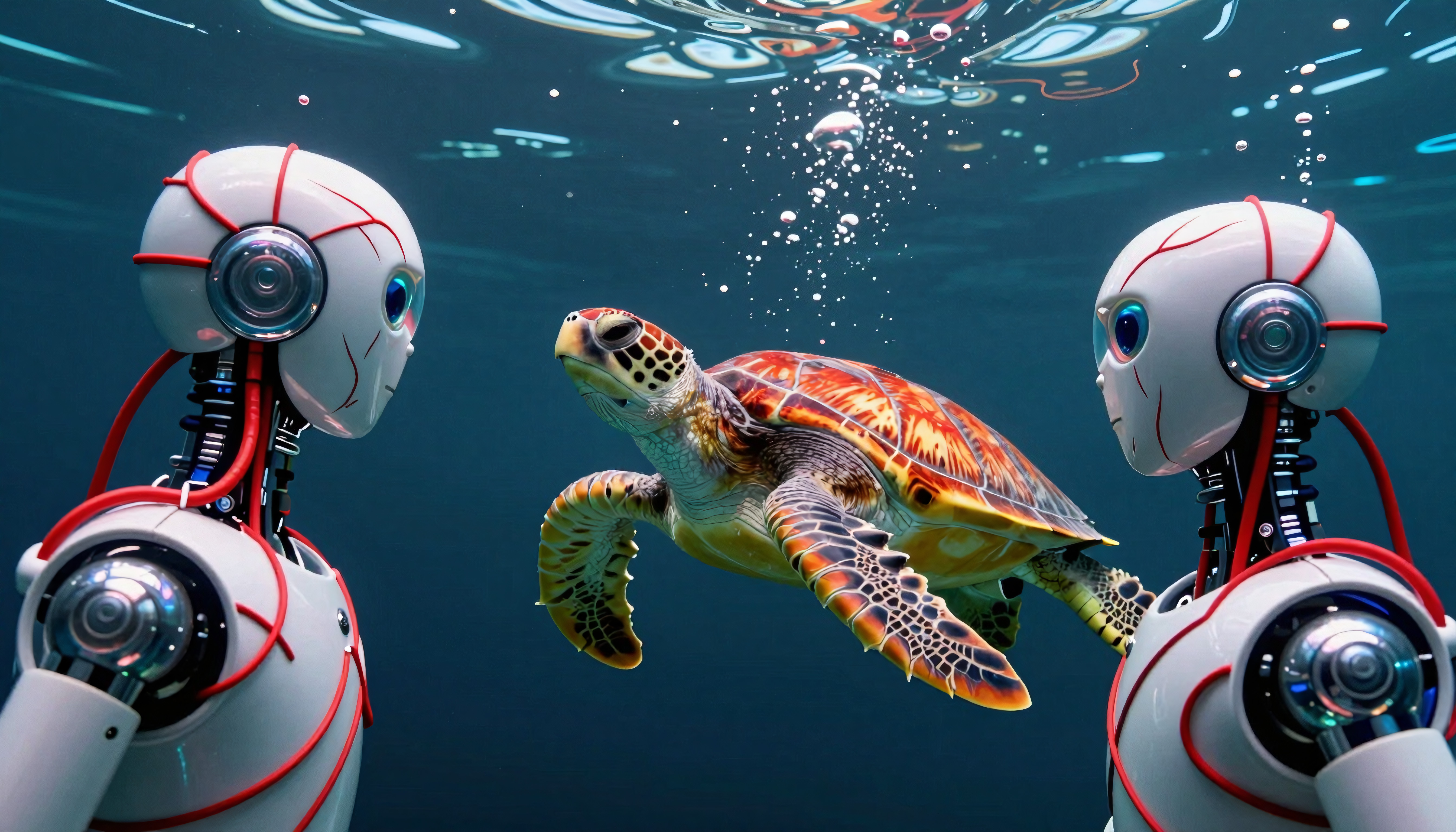 Two futuristic robots observe a colorful sea turtle swimming peacefully underwater near rising air bubbles