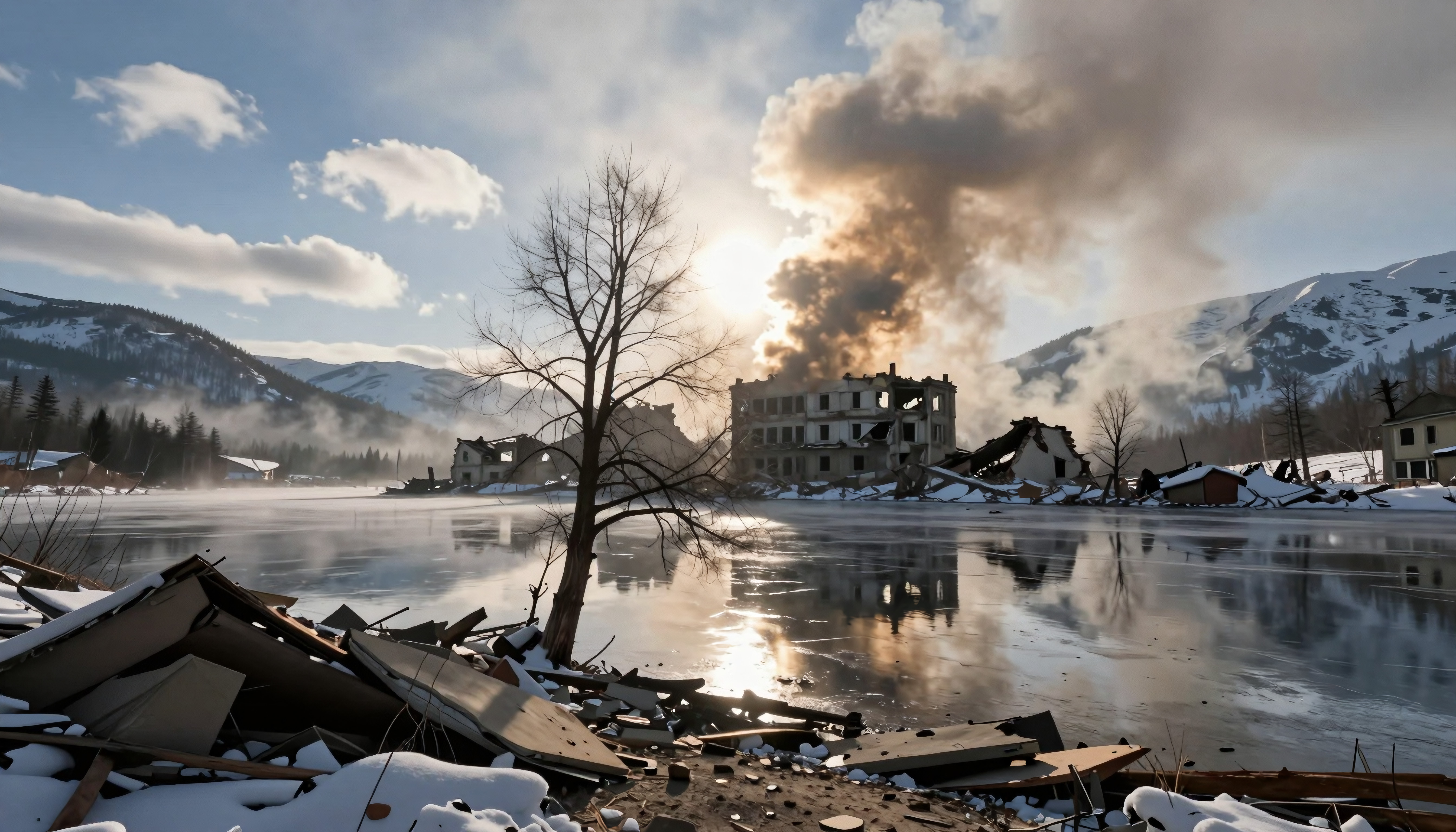 Snowy Ruins of Abandoned Village Near Frozen Lake and Snow-Cappe