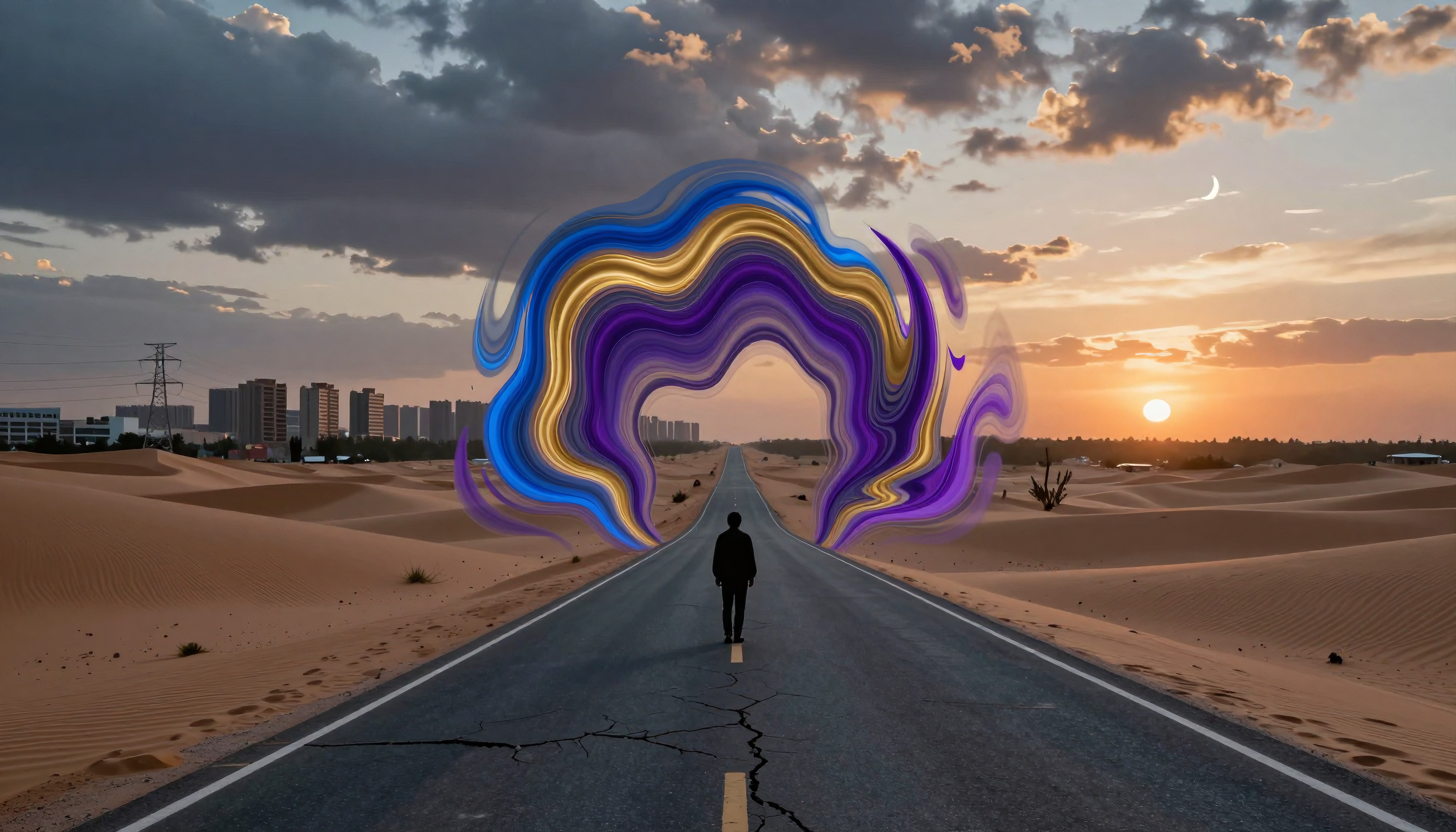 Man Walking Toward Surreal Colorful Portal Over Desert Road During Sunset Near City