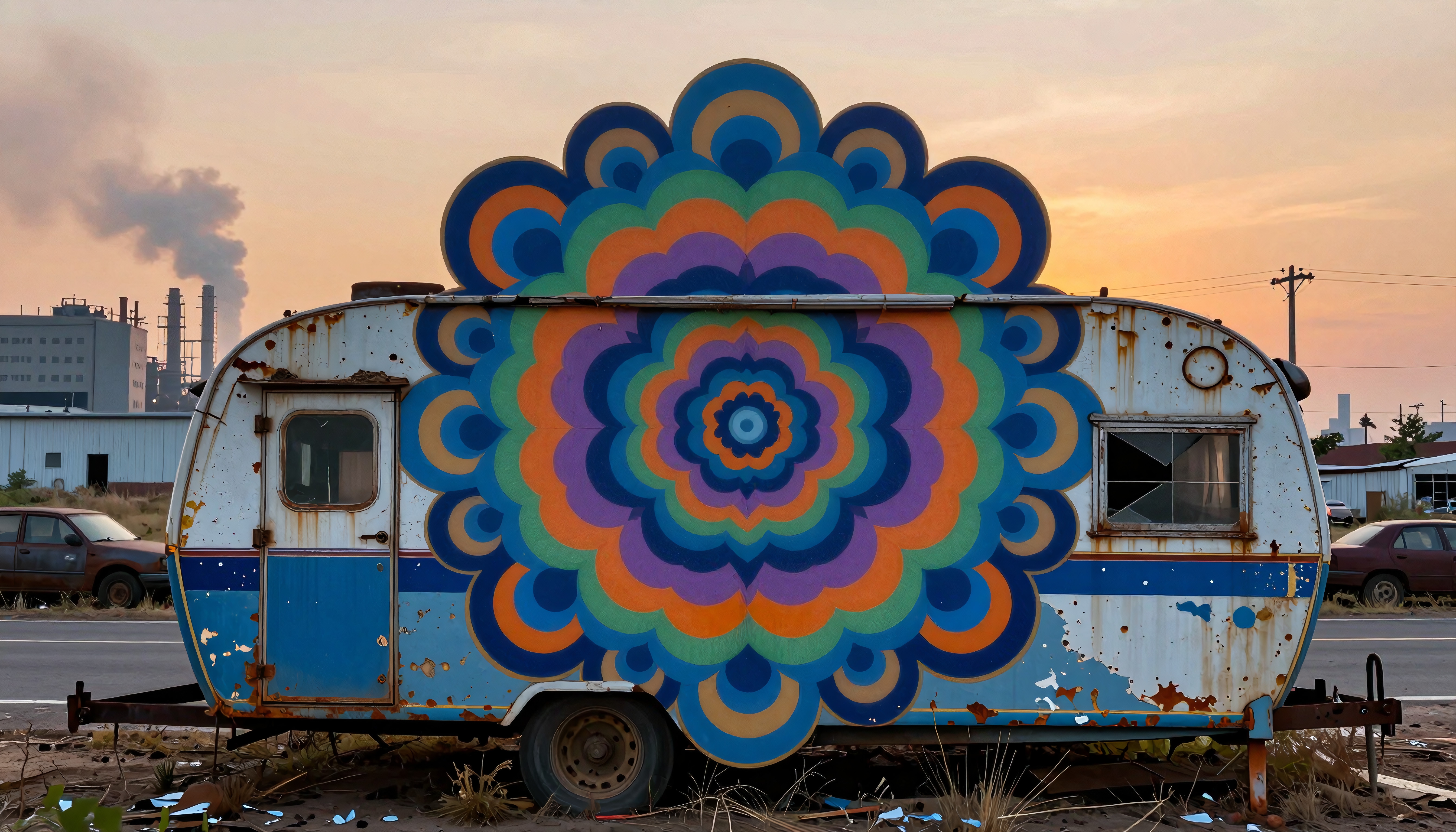Colorful trailer with mandala mural in industrial setting at sunset.