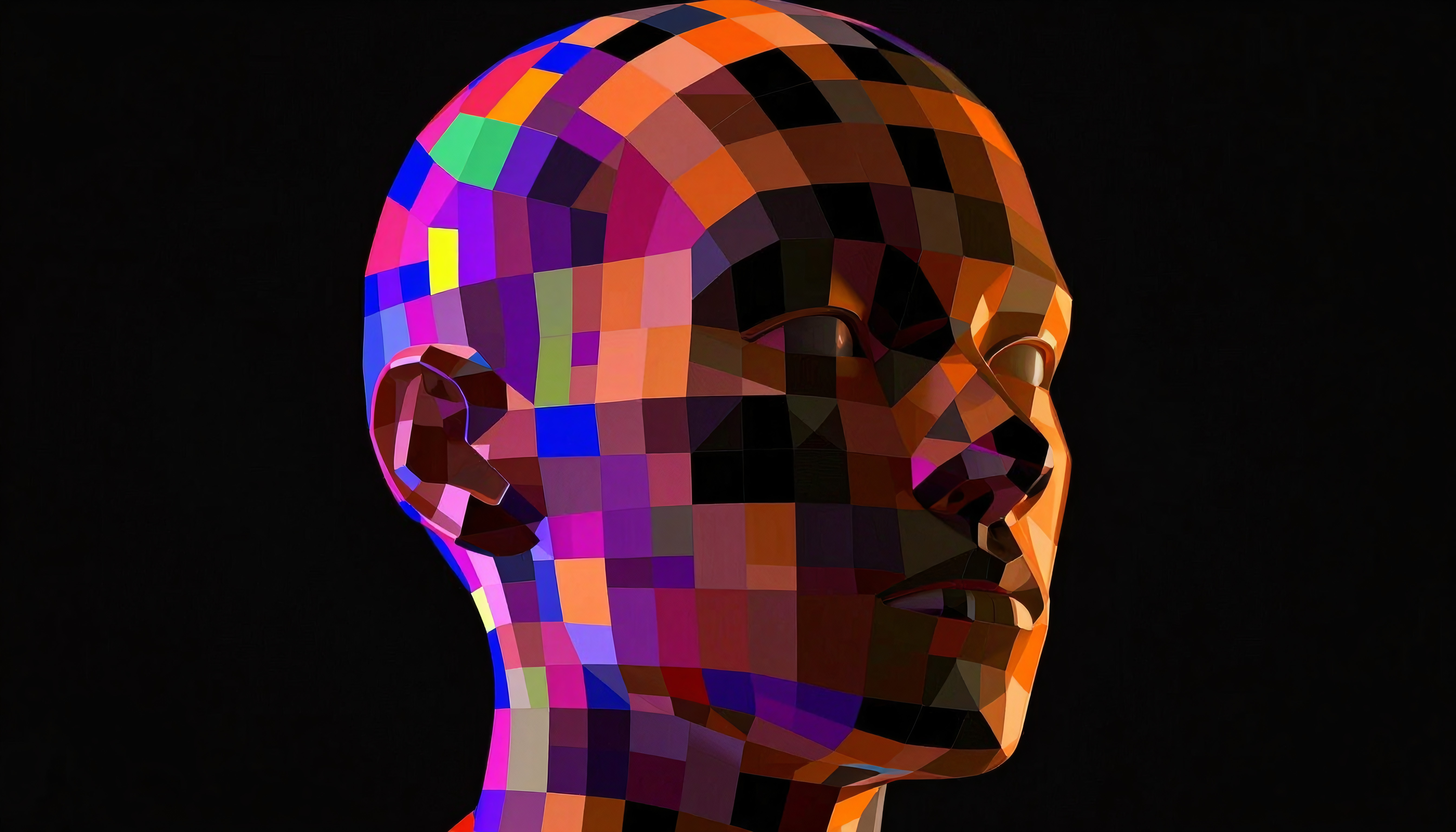 Vibrant 3D low-poly geometric head with colorful polygonal facets on black background