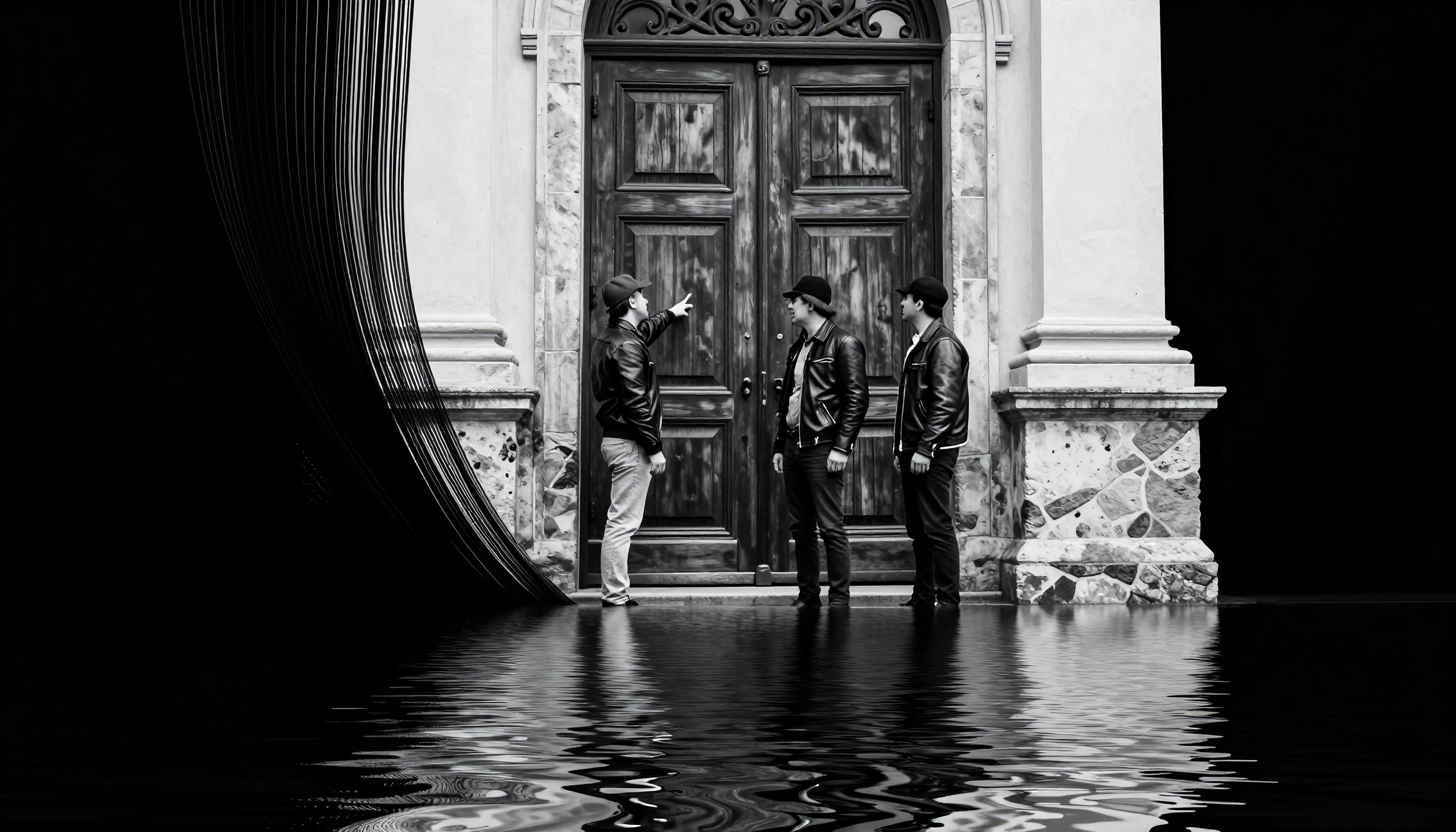 Three men in leather jackets stand before an ornate door, reflected in a water-like surface, against a grand architectural backdrop.