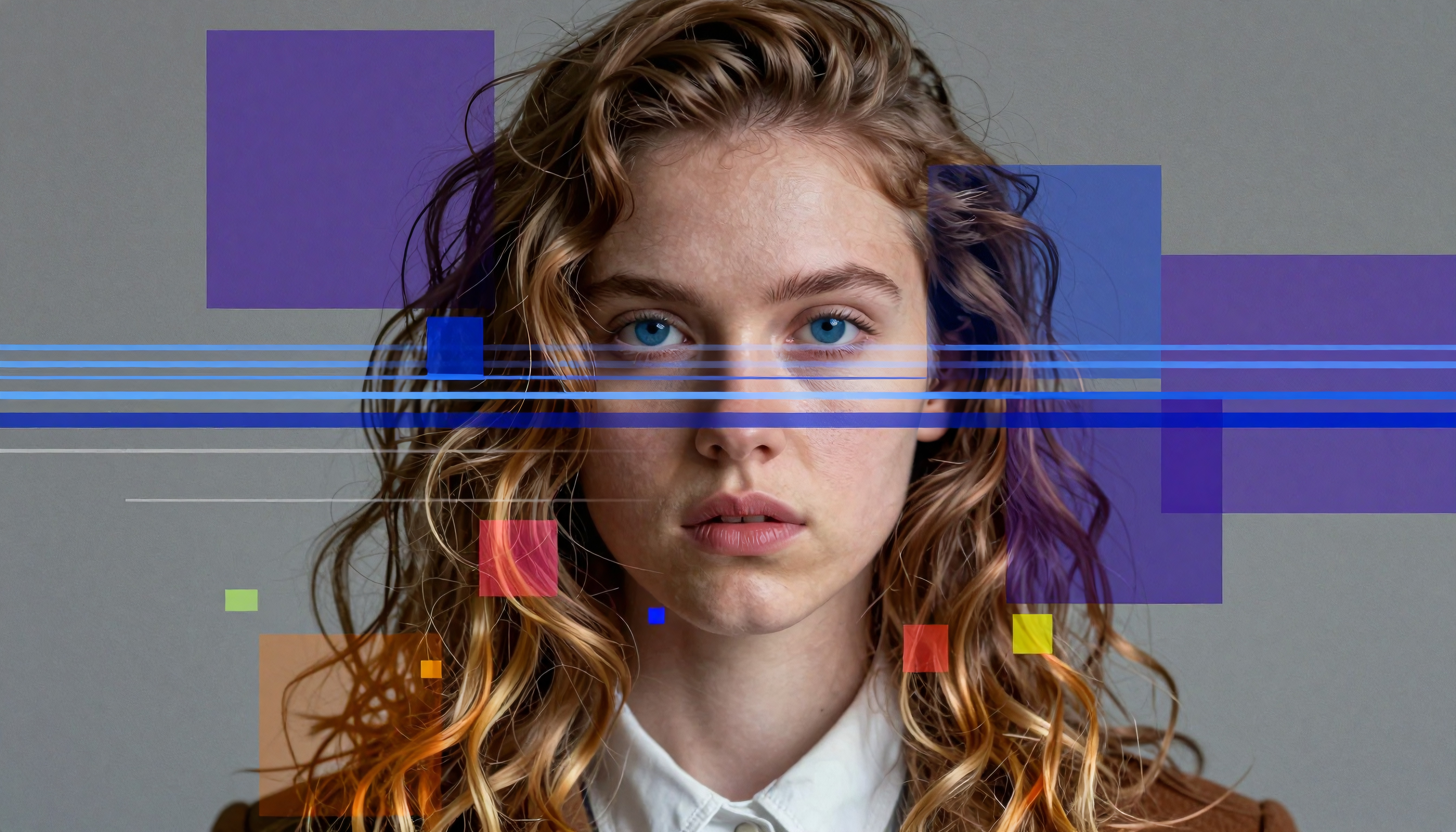 A young woman with curly blonde hair and striking blue eyes, overlaid with abstract geometric digital effects.