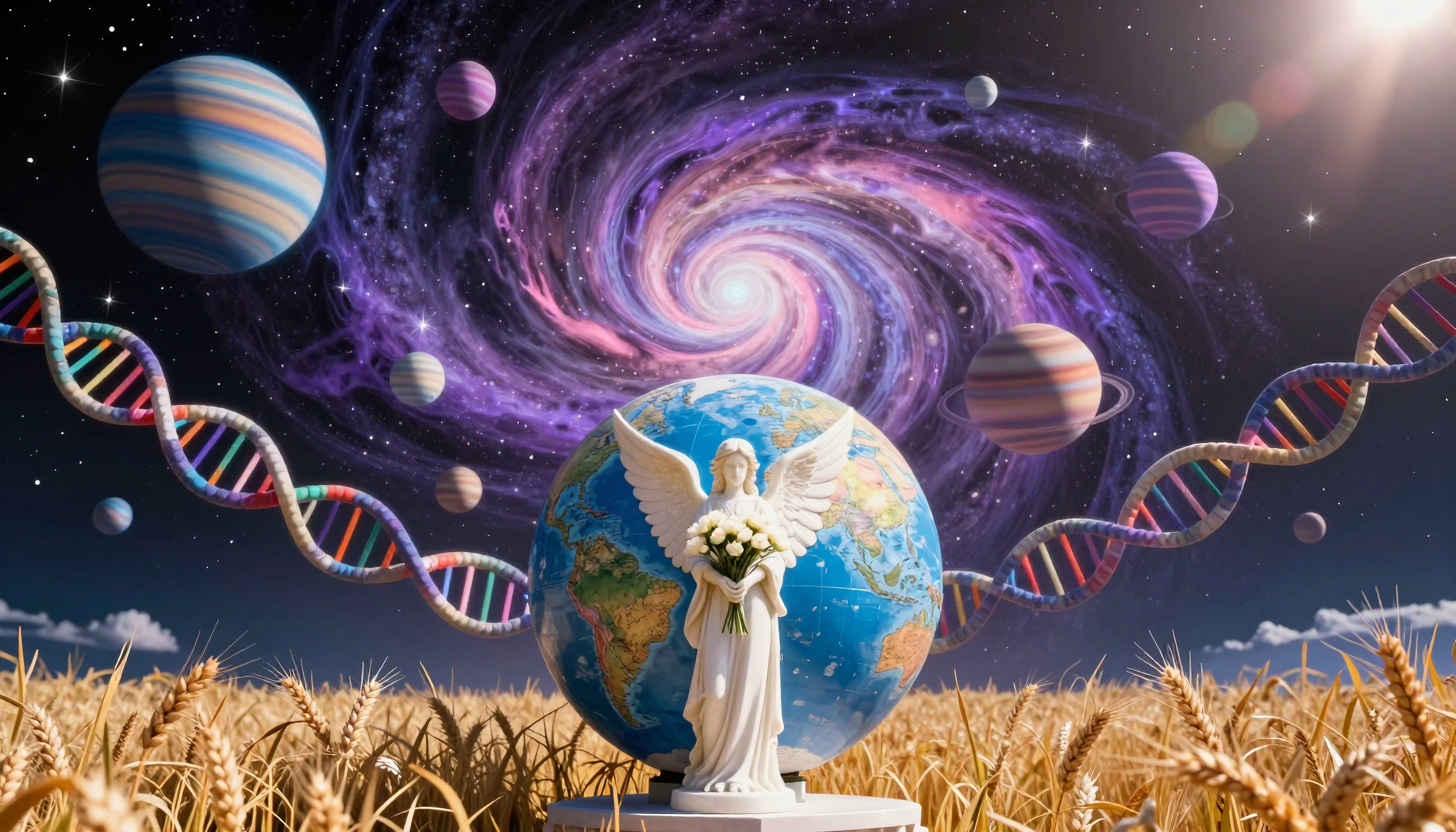 Celestial Harmony: Angel Statue with Globe, DNA, and Cosmic Elem