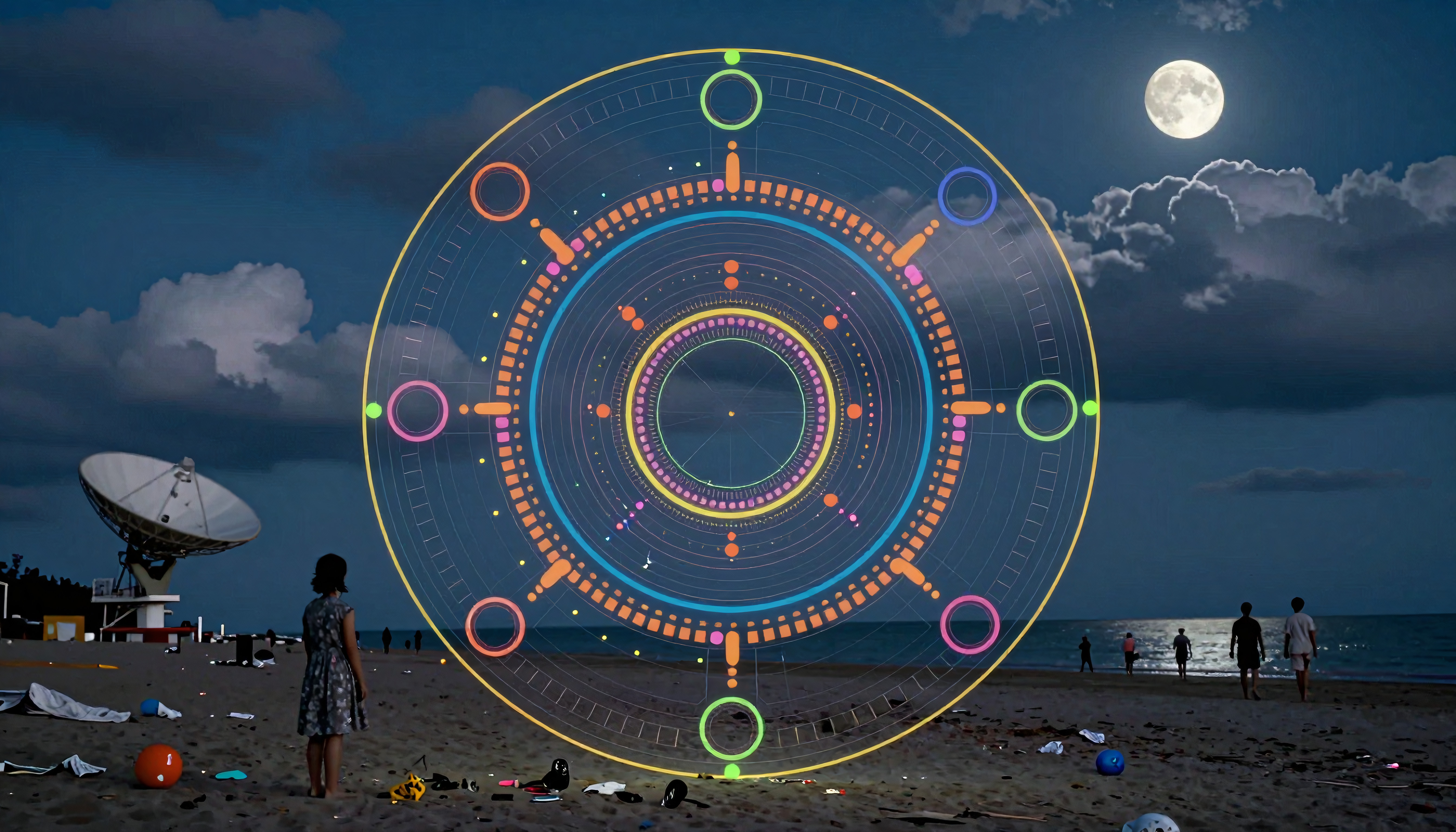 Woman watching glowing hologram over sandy beach under bright moon