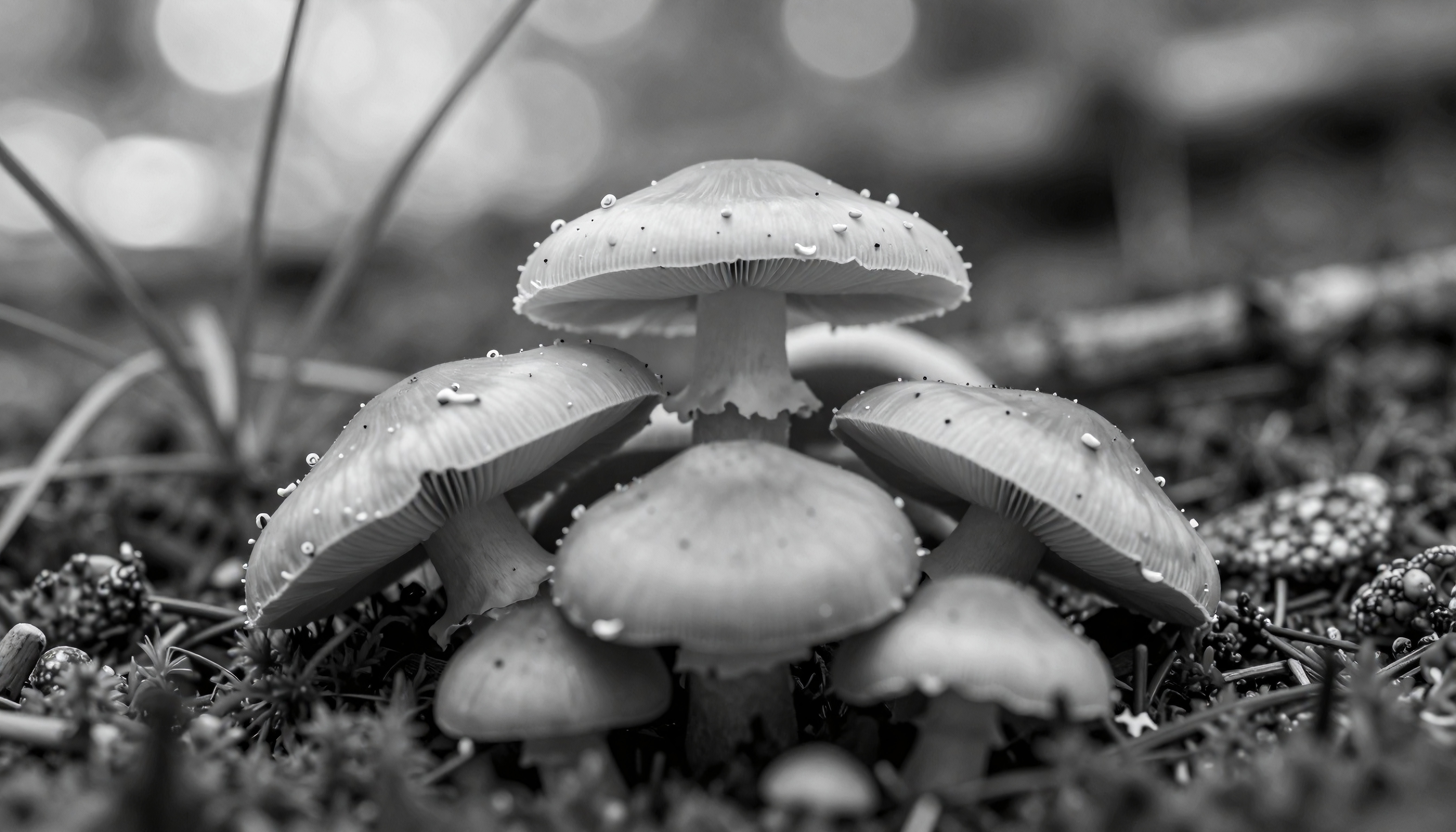 Monochrome Mushrooms with Dewdrops on Forest Floor