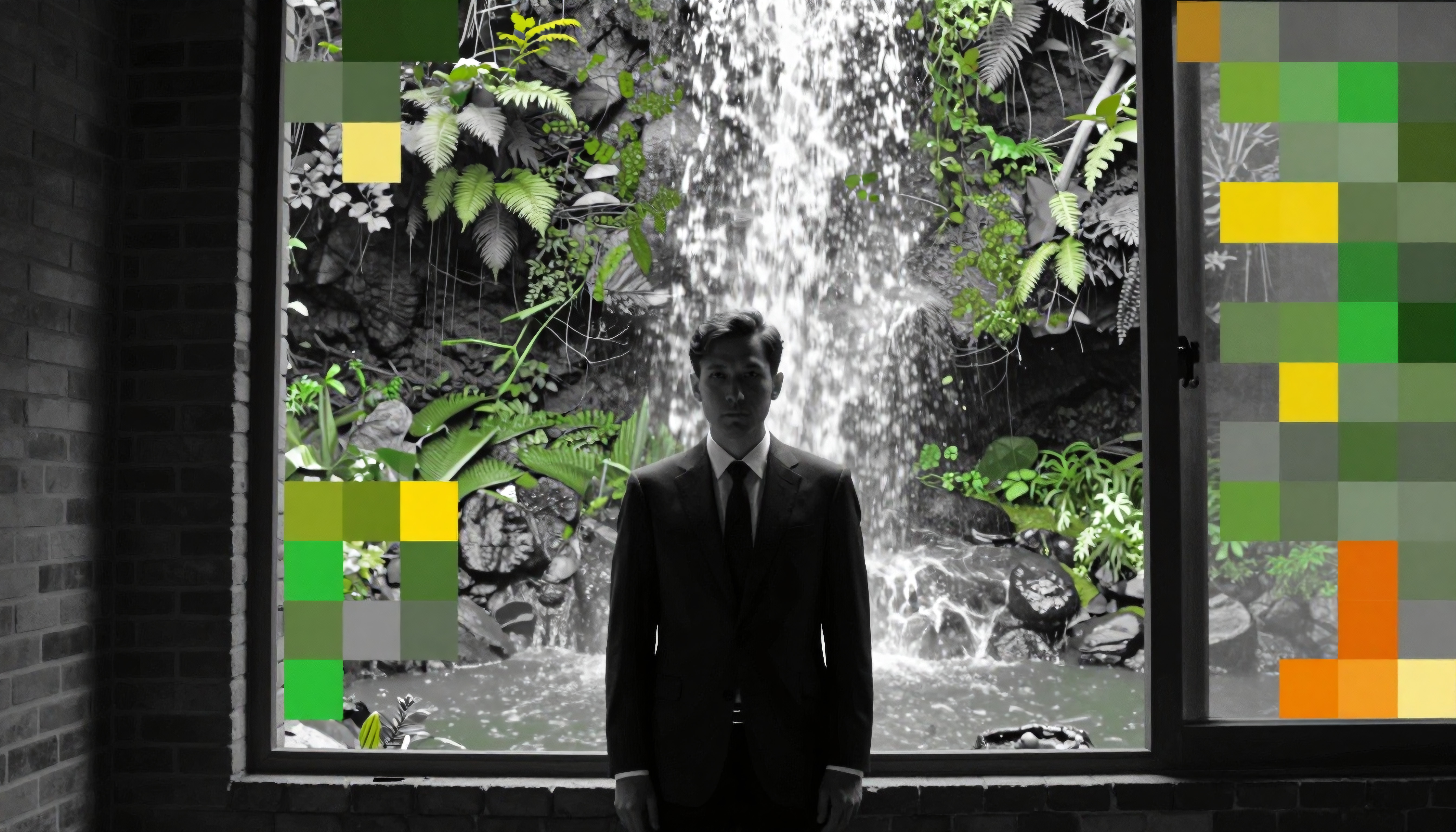 Businessman stares through pixelated jungle waterfall window