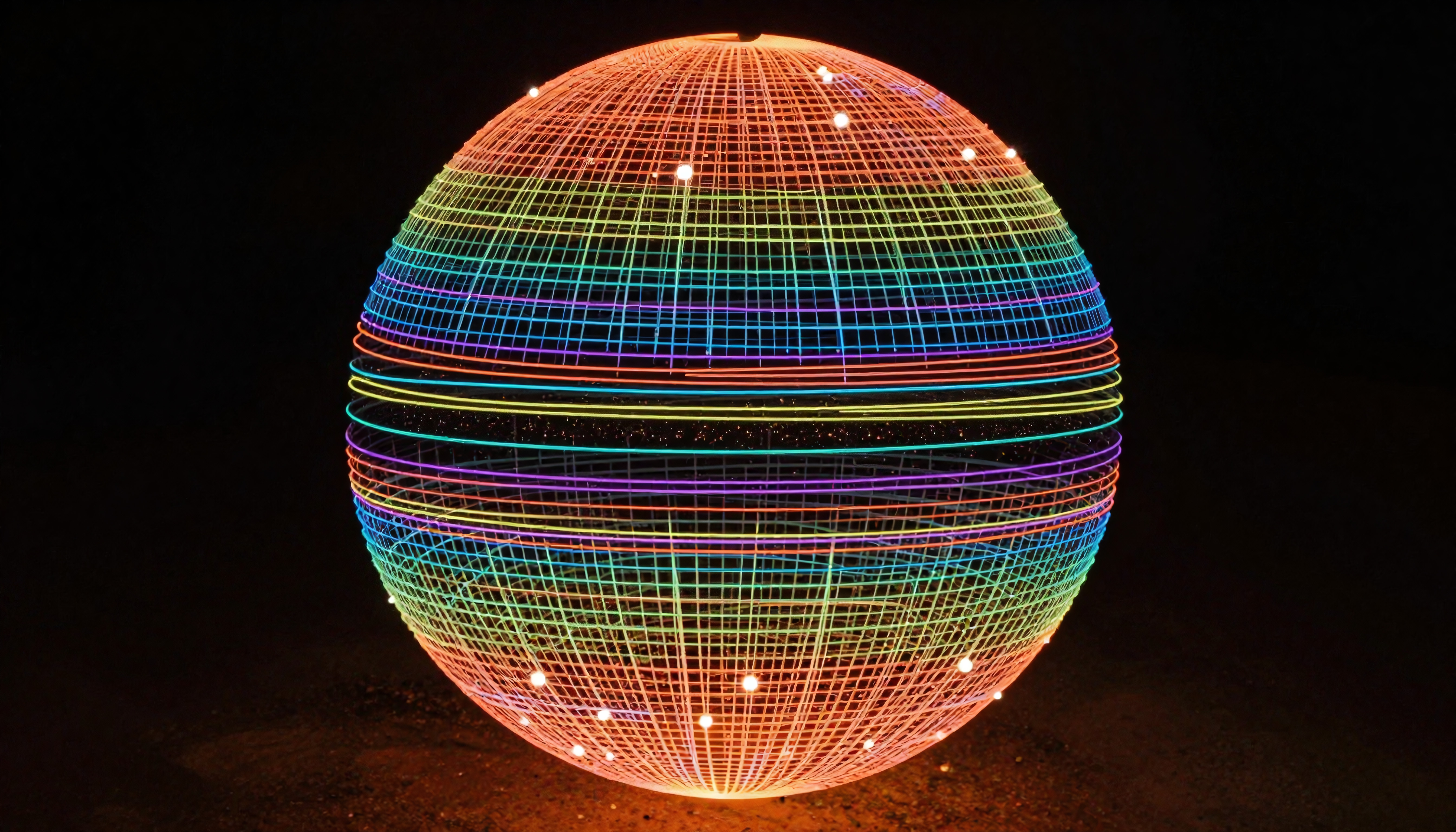 Futuristic spherical light art with colorful intersecting lines in a dark setting.