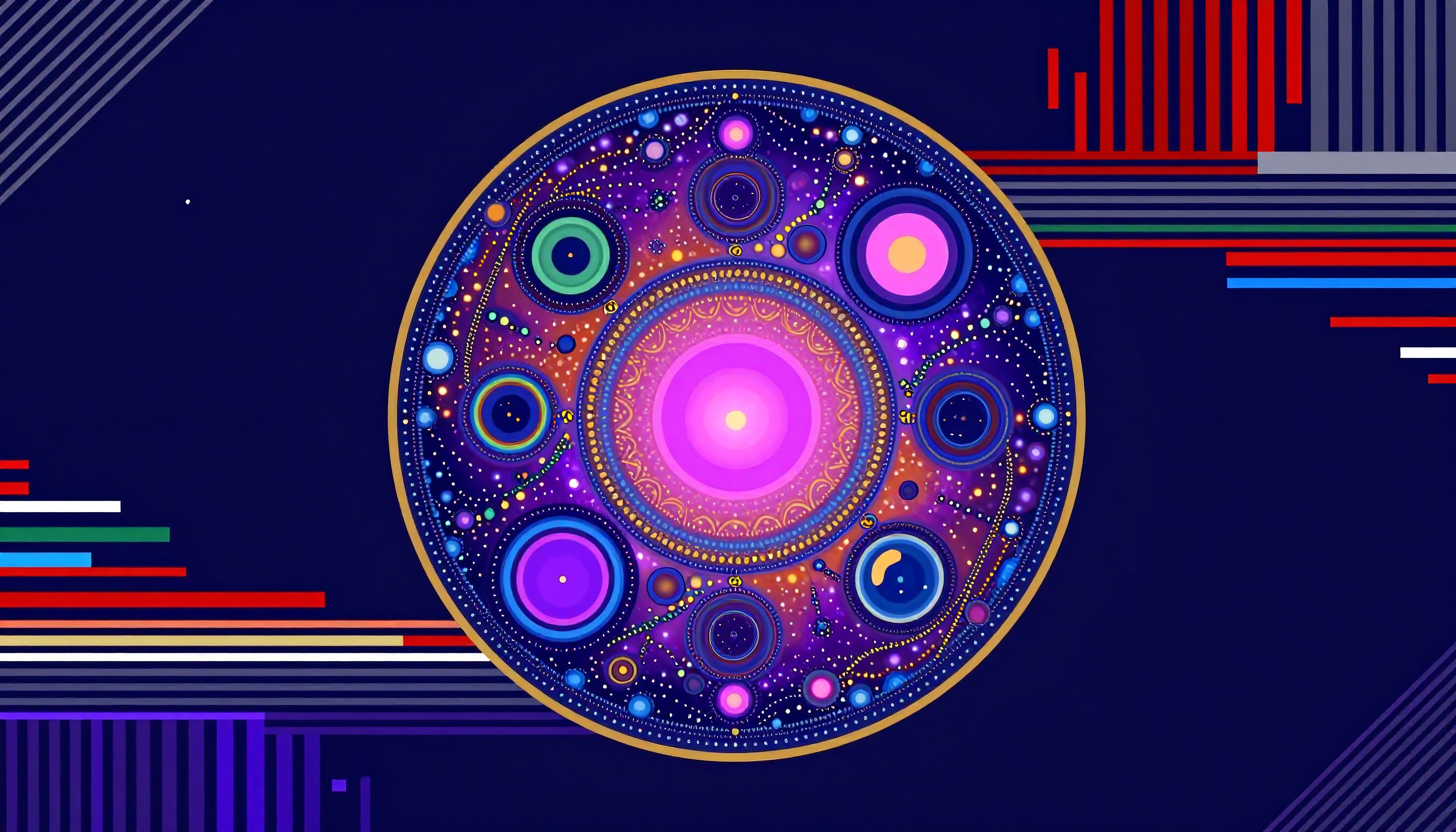 A vibrant mandala design with intricate geometric patterns set against a deep navy background, highlighting cosmic and celestial themes.