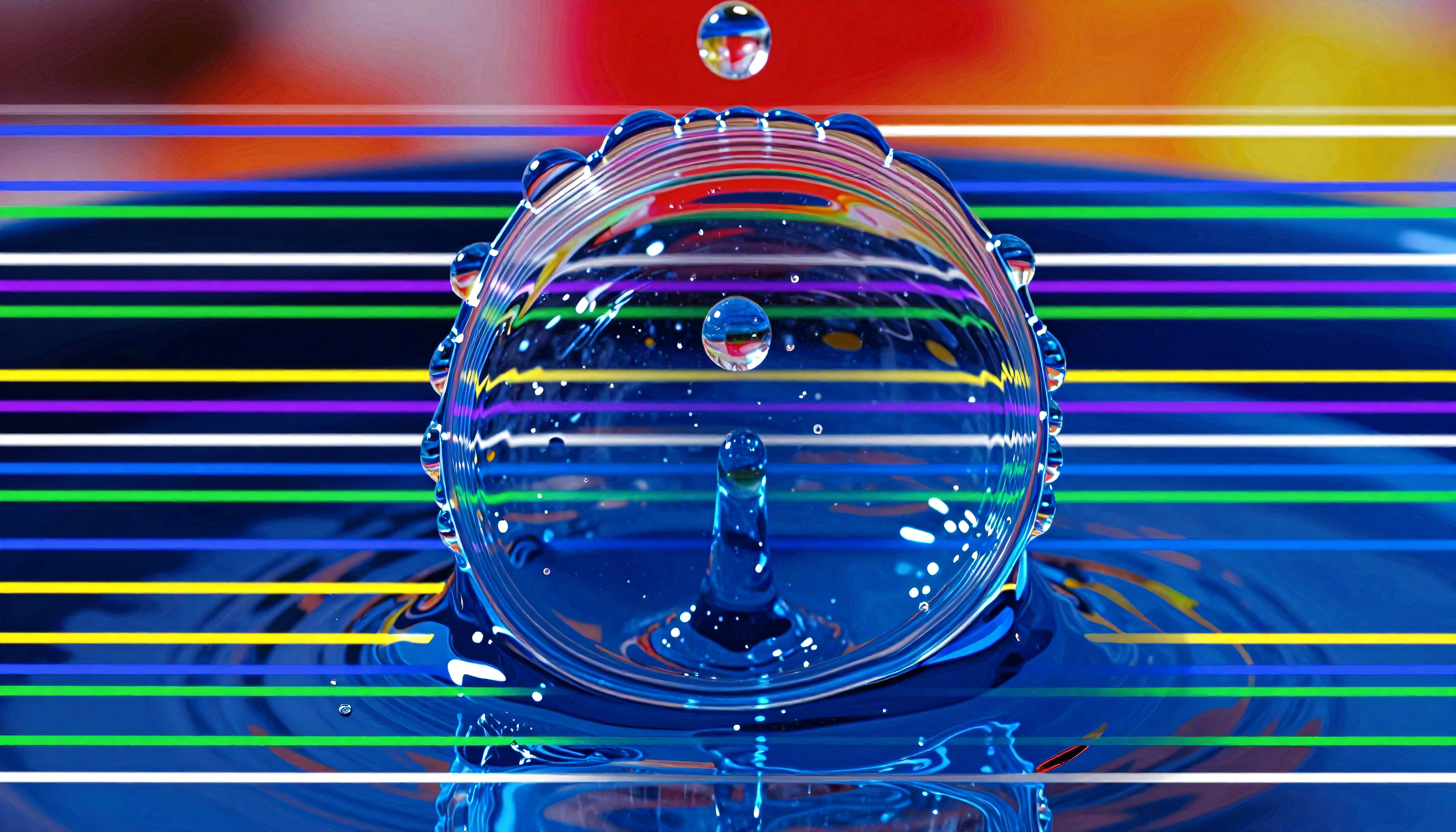 Vibrant Water Droplet with Rainbow Stripes in Macro Photography