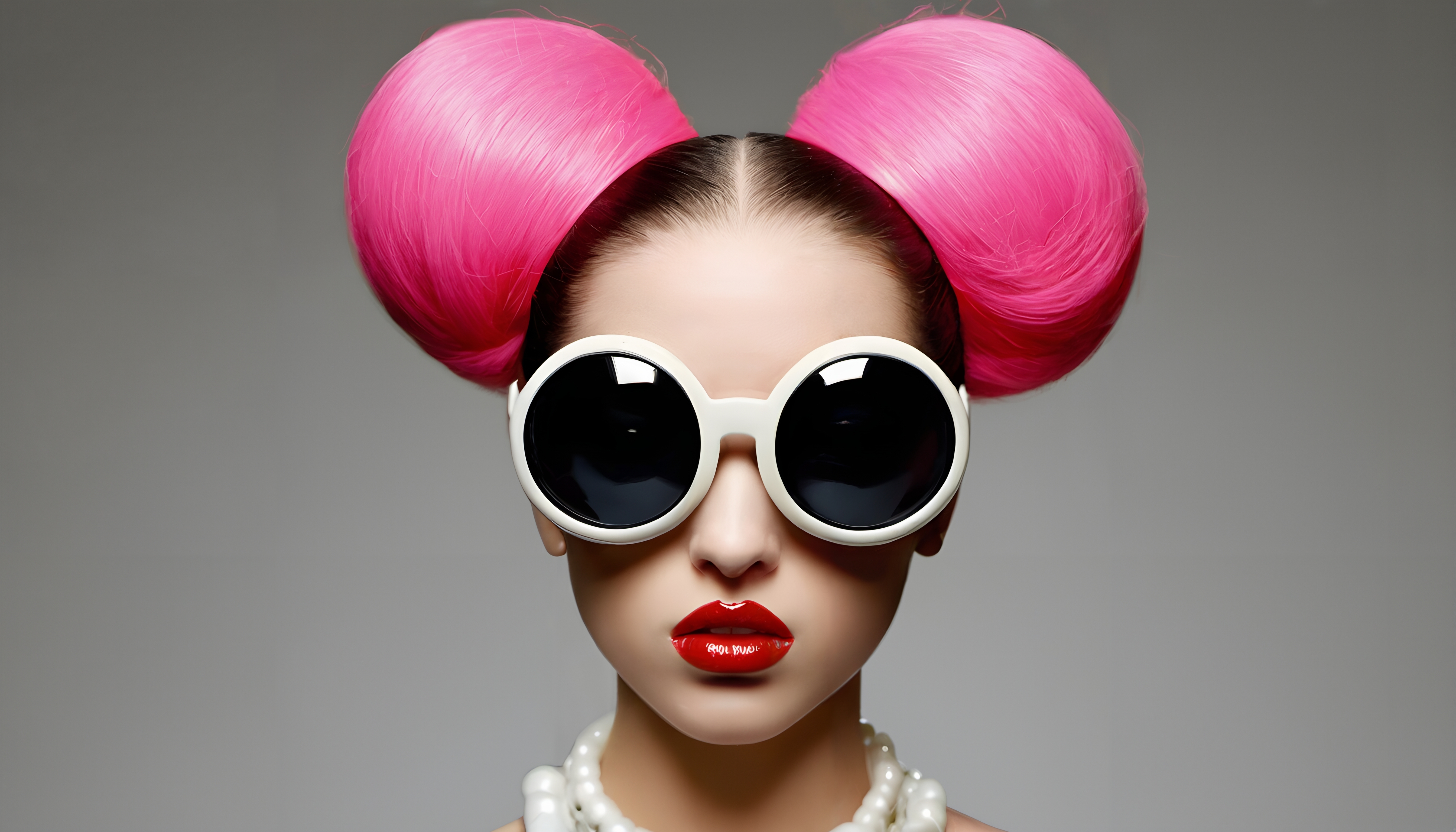 A woman with vibrant pink hair, large white sunglasses, red lipstick, and a pearl necklace in a striking fashion portrait.
