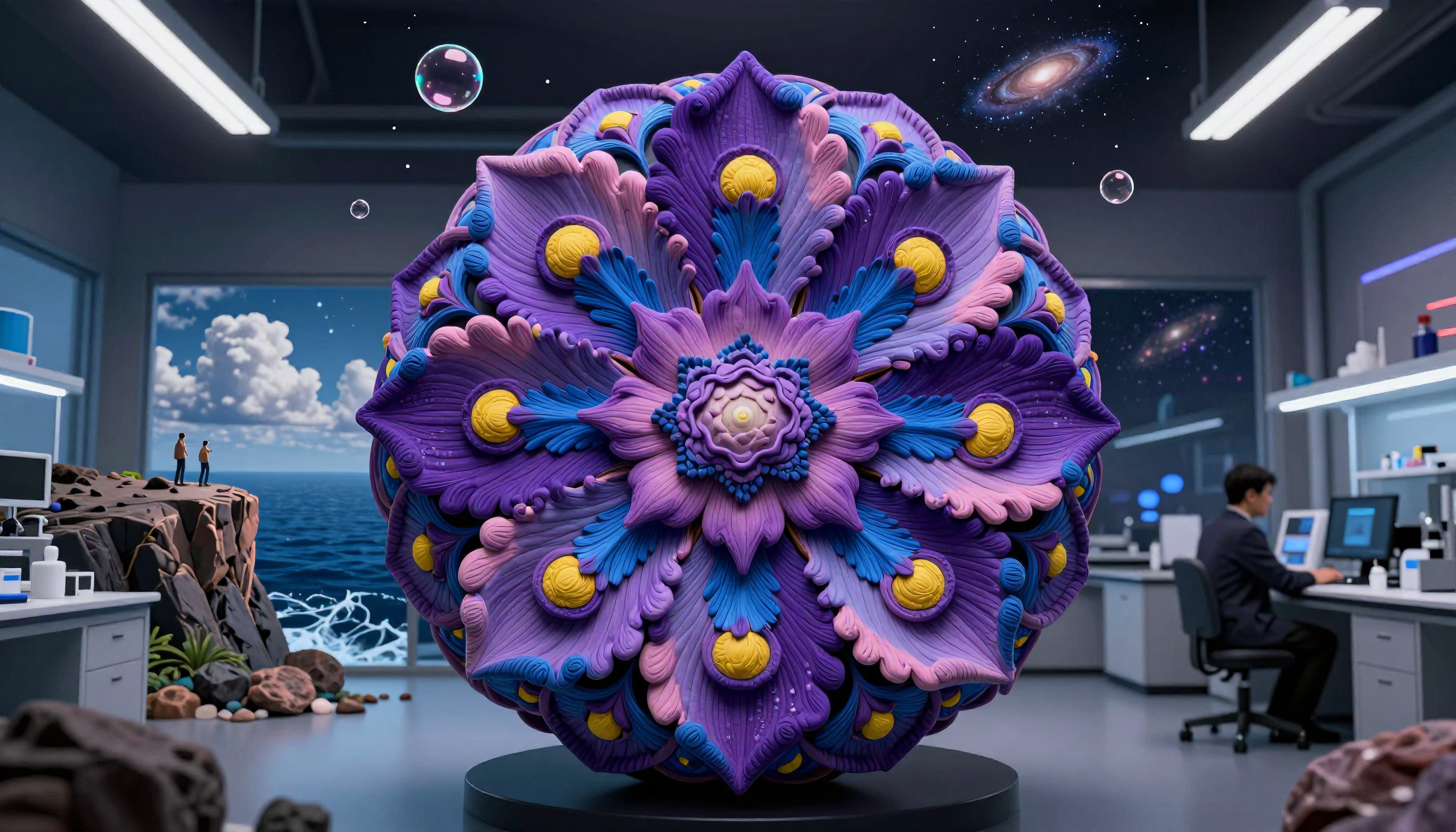 Intricate Mandala Sculpture in Futuristic Laboratory Setting