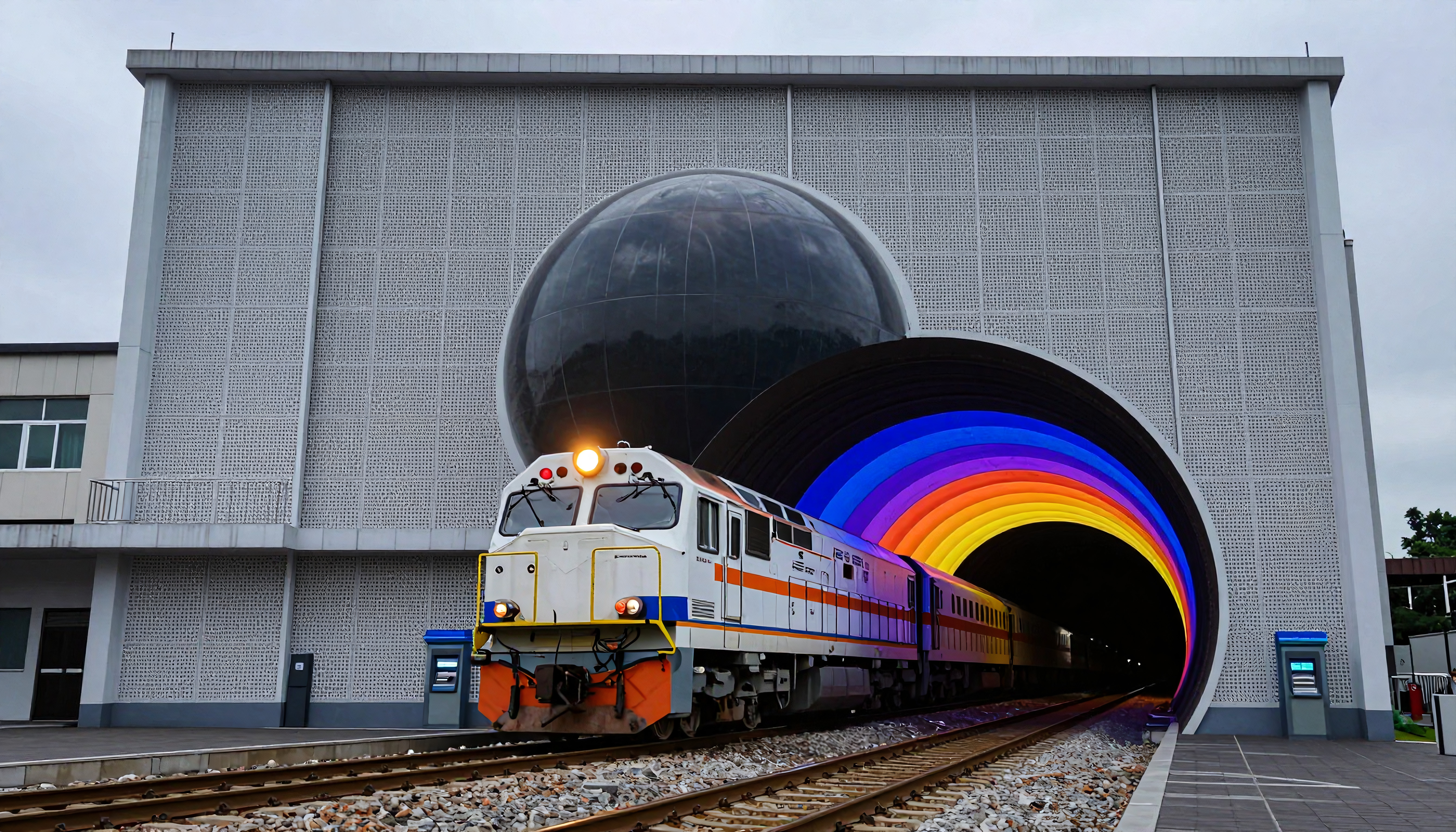 olorful train emerging from rainbow-lit tunnel at futuristic station