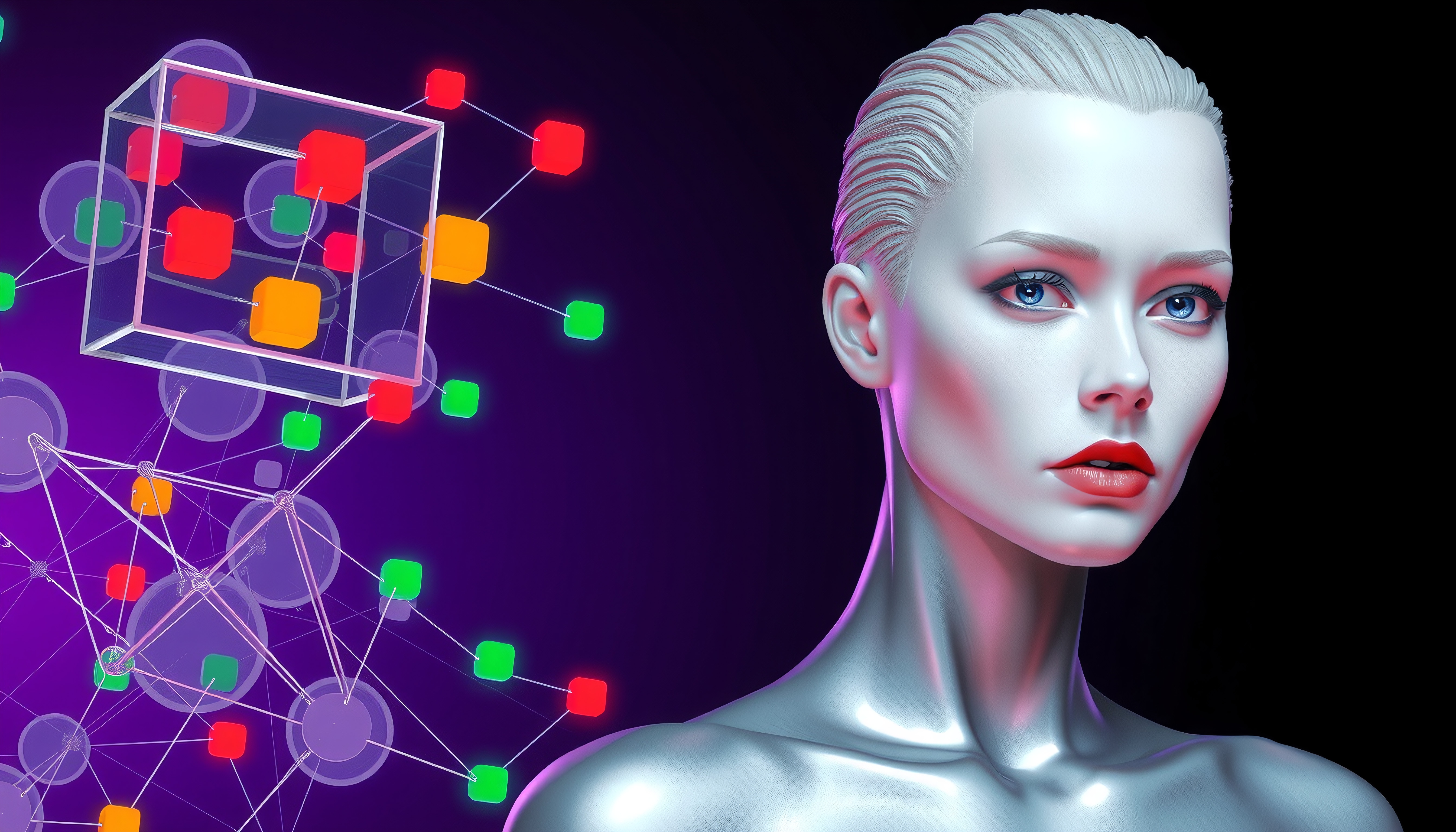 Futuristic digital figure with geometric cubes.