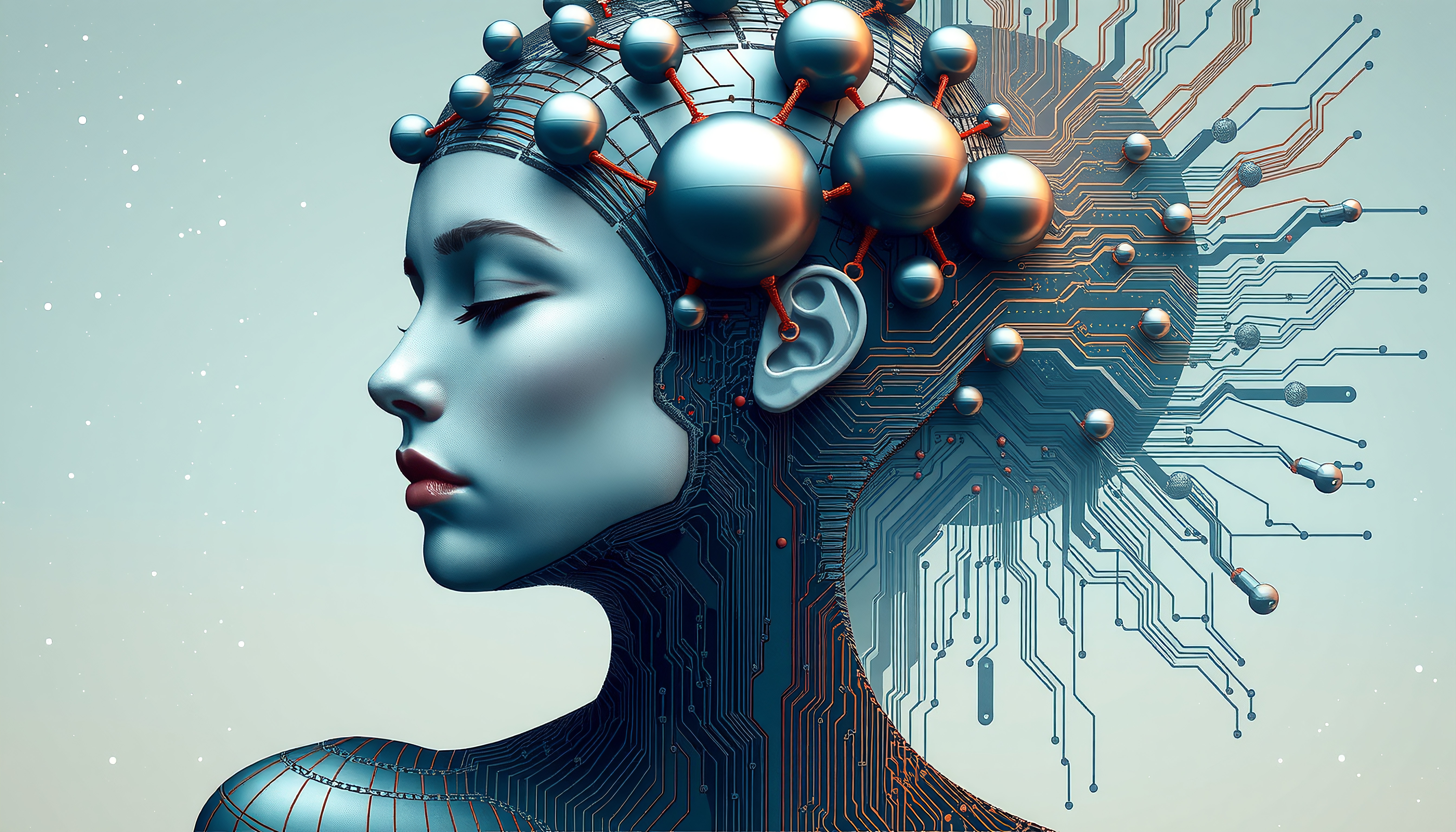 Cybernetic Human Profile with Circuitry and Spherical Components