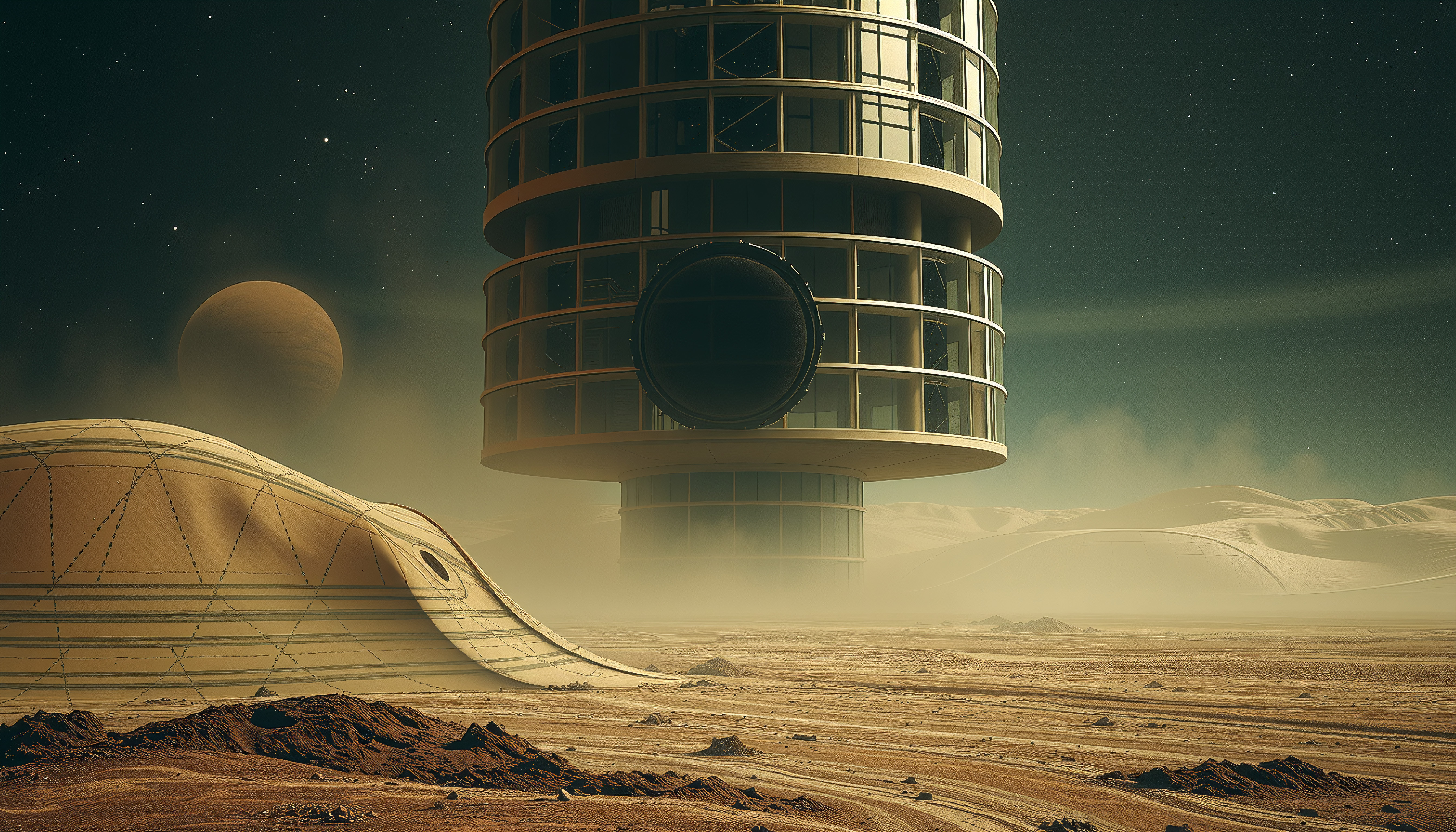 Futuristic alien tower standing alone in barren desert under starry sky near giant planet