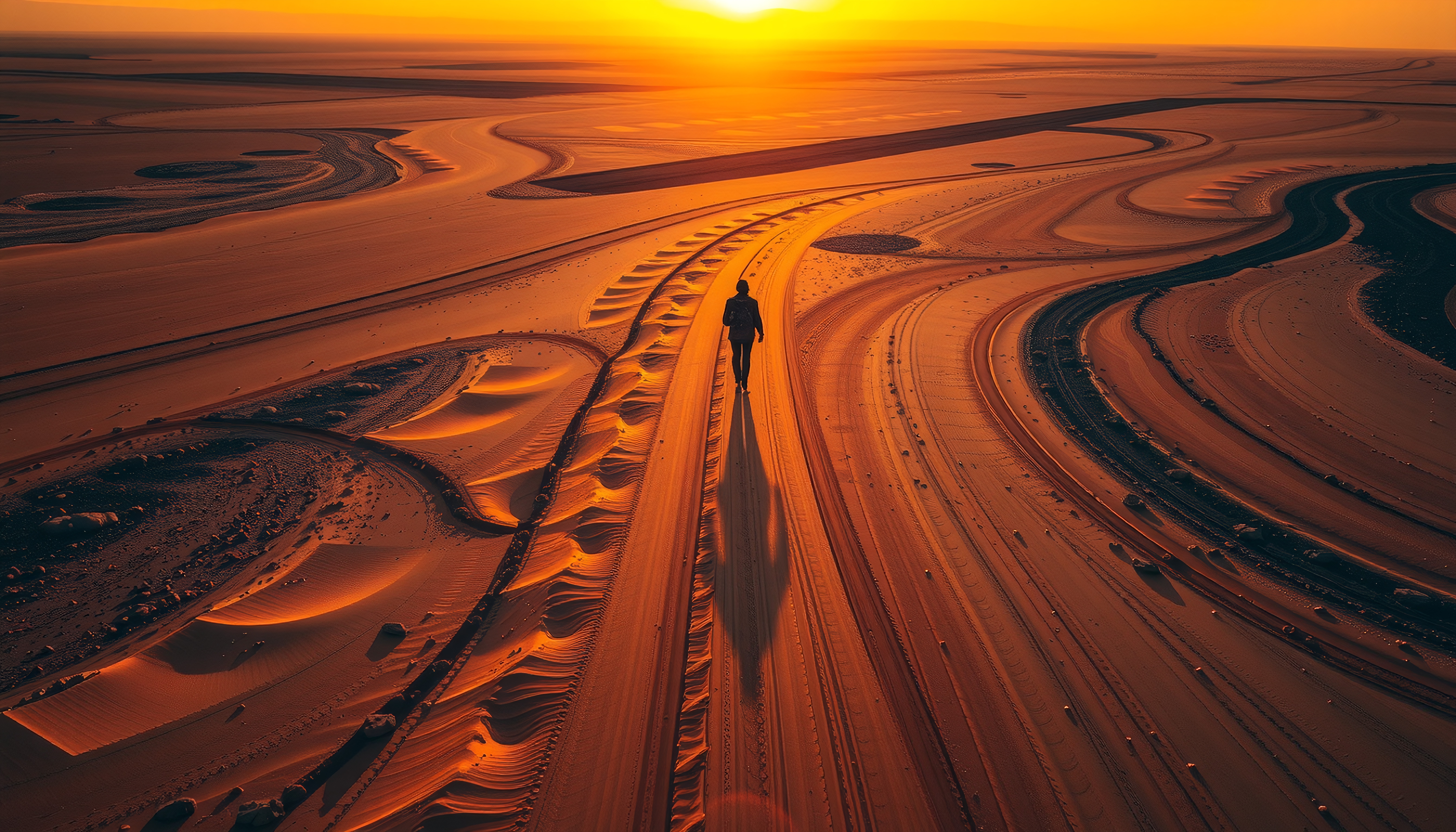 A person walks alone across a sunlit desert with swirling sand patterns and long shadows.