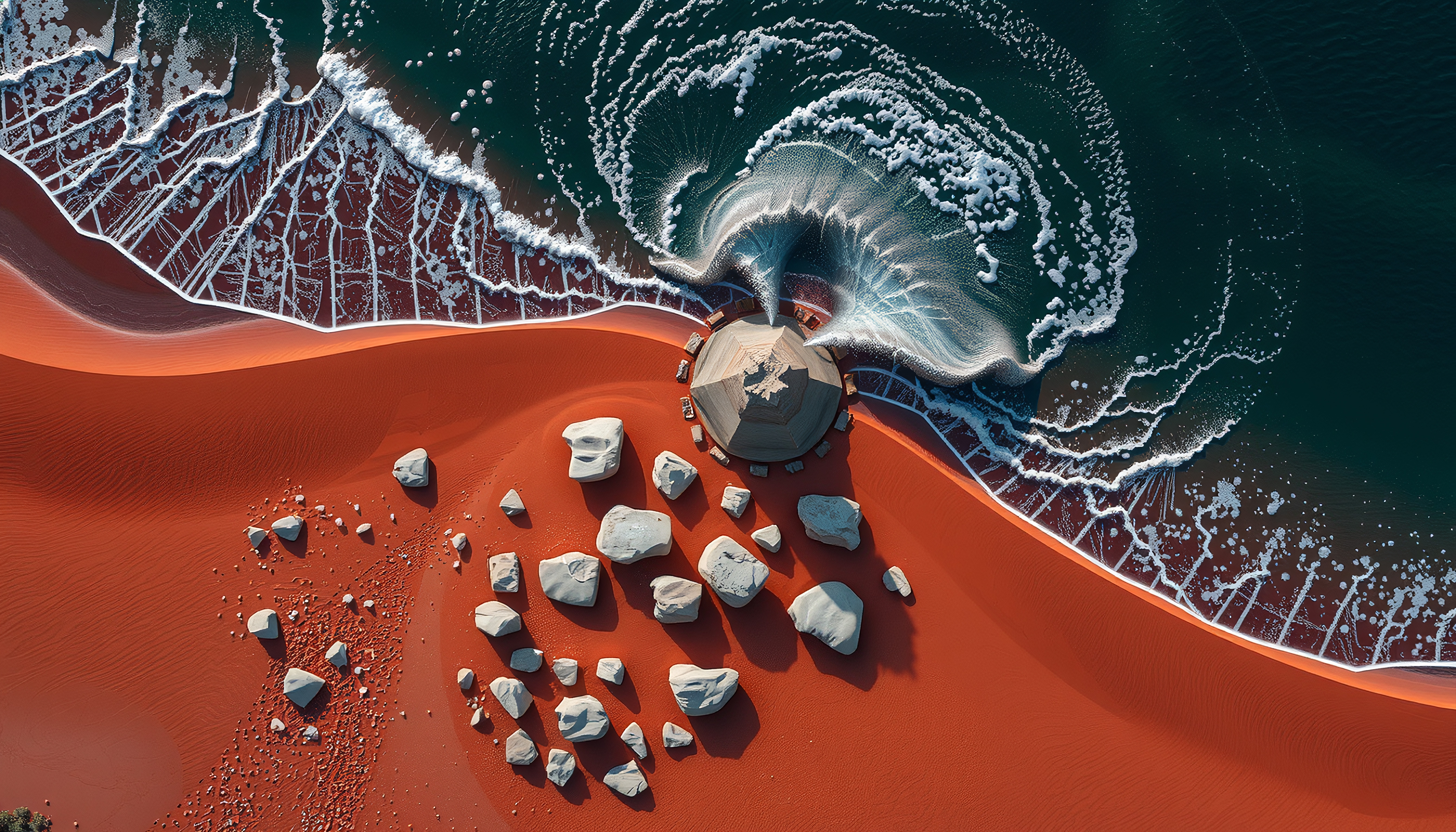 Aerial view of red sand beach with waves, rocks, and a stone gazebo.