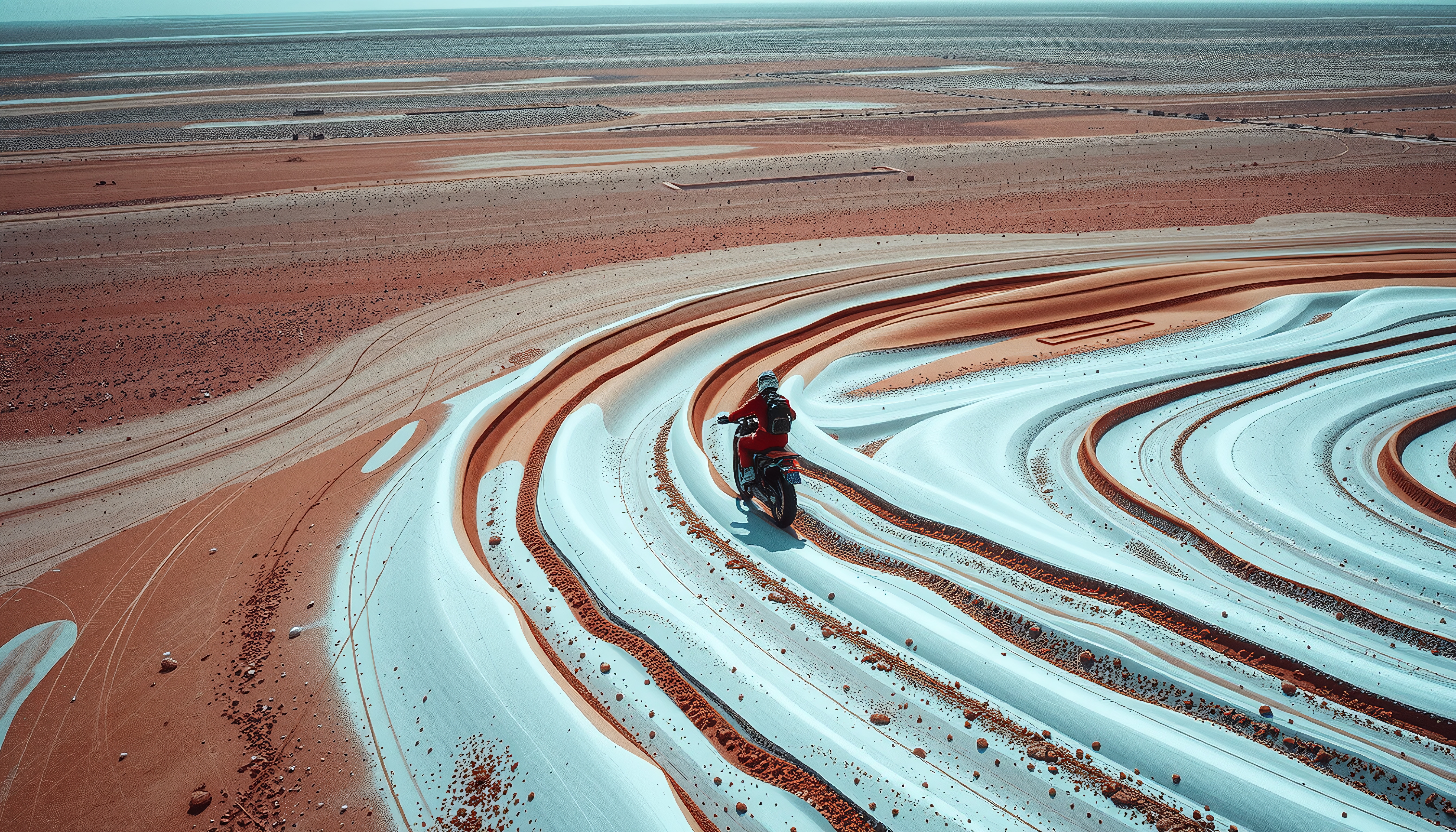 A motorcycle riding through colorful desert dunes.
