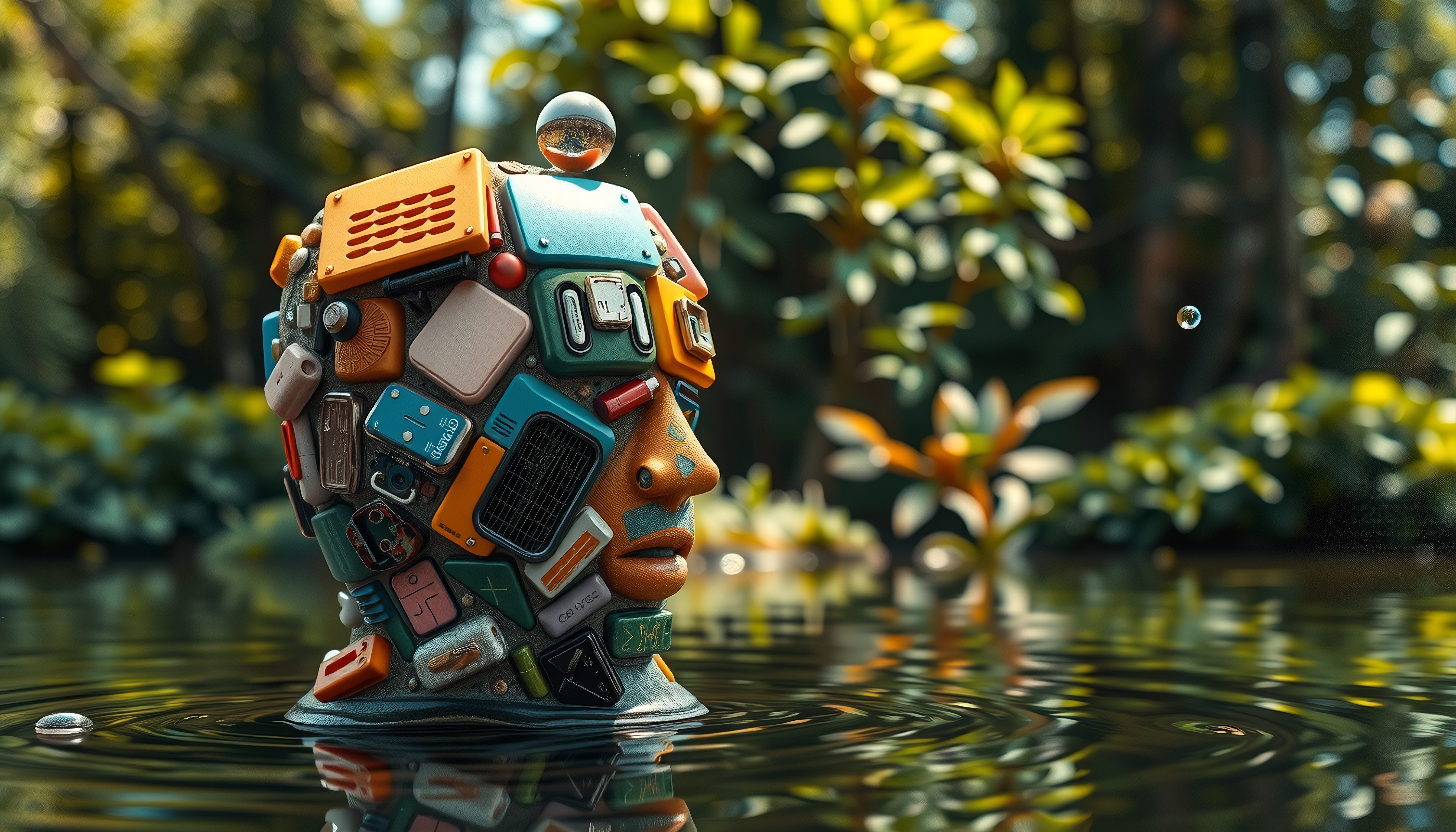 Steampunk Robot Face Emerging from Water in a Lush, Tropical Set