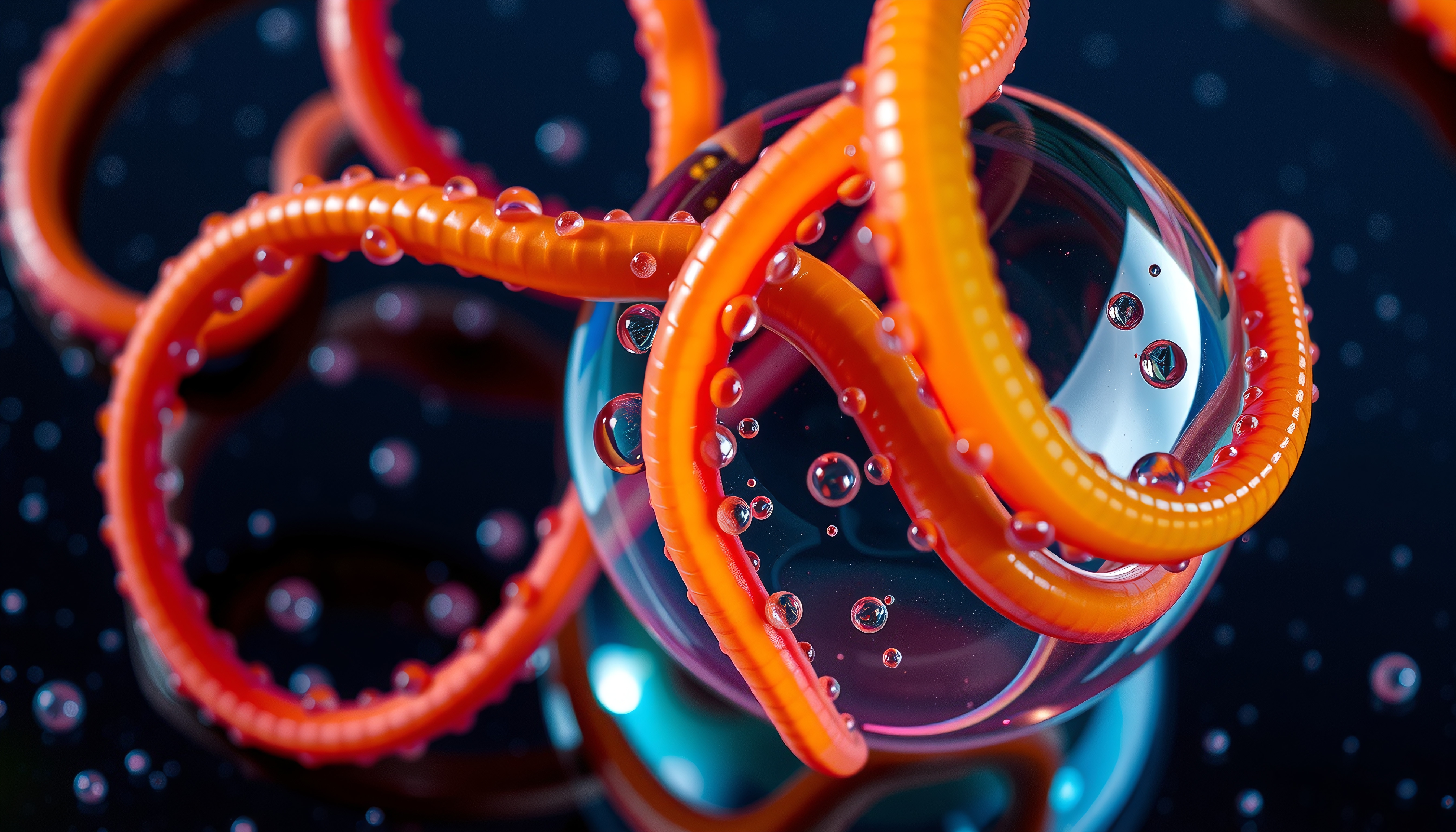 Digital artwork of orange and pink tendrils entwined around a reflective glass sphere, surrounded by bubbles against a dark background.